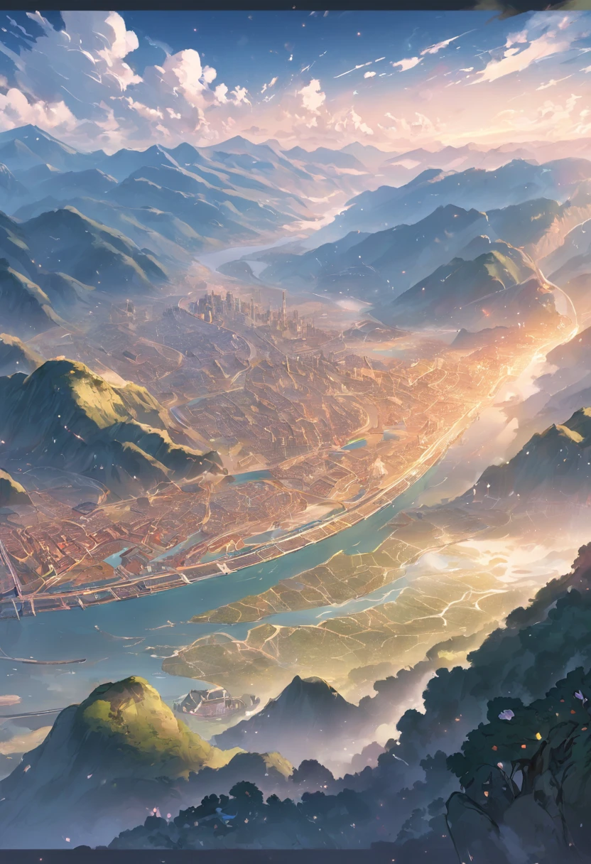 The curved Yangtze River,aerial shot,Golden,k hd,Overlooking,Far Mountain