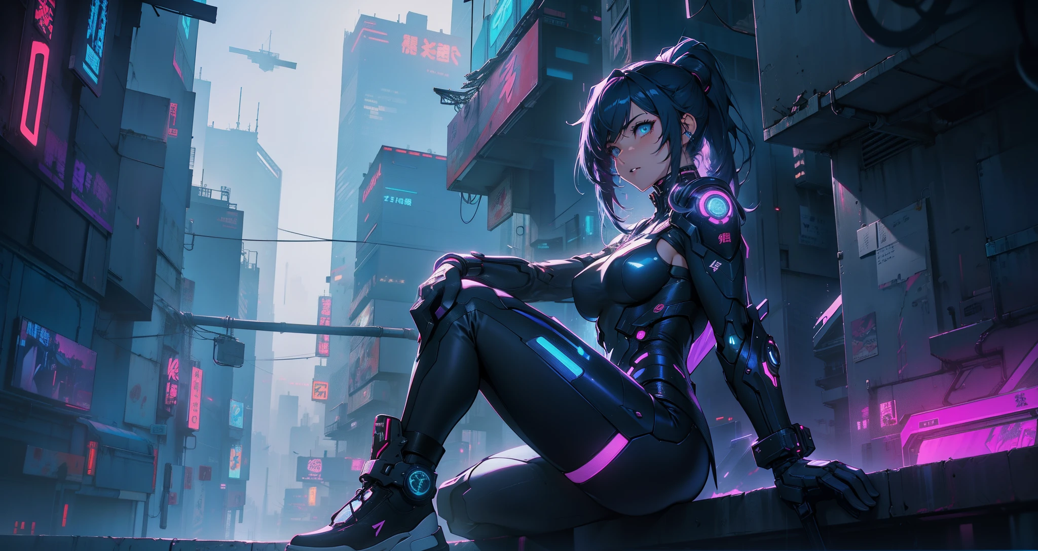 Cyber girl sitting on a ledge in the city at night。Cyberpunk anime art envelops her as digital worlds intersect。Modern cyberpunk art style illuminated by neon lights、It depicts a fusion of an anime girl and a mecha.。This art with a cyberpunk theme is、Feel like a dreamy future。With the scenery of a cyberpunk city lined with skyscrapers、Her presence is enchanting,、It seems to be wrapped in a mysterious magic。