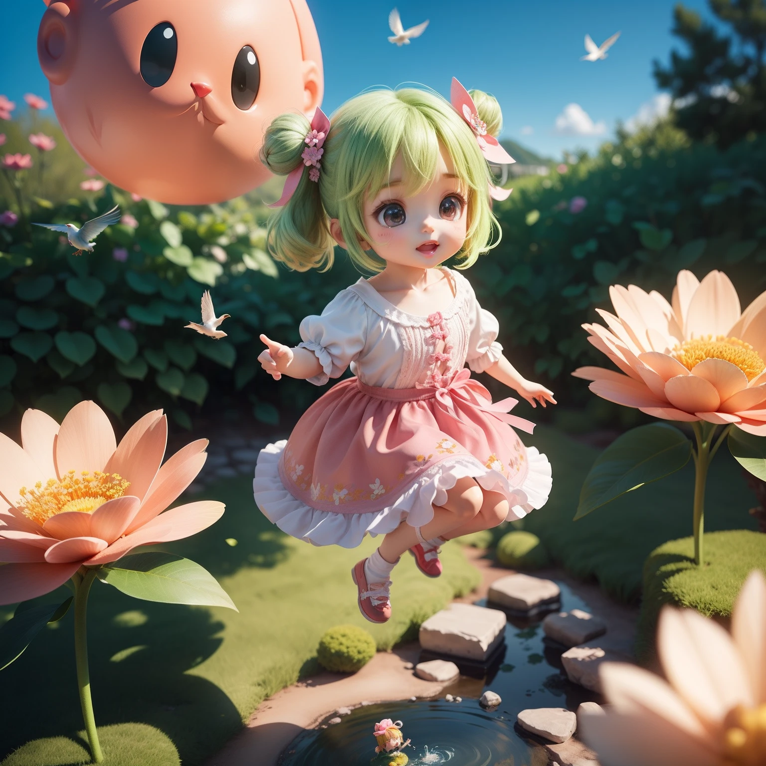 Cute Baby Chibi Anime、(((chibi 3d))) (Best Quality), (masutepiece)、Leprechaun  (Floating in mid-air:1.3), Fly over flowers, Under no gravity,  Bird's Garden View,Rainbow in the sky