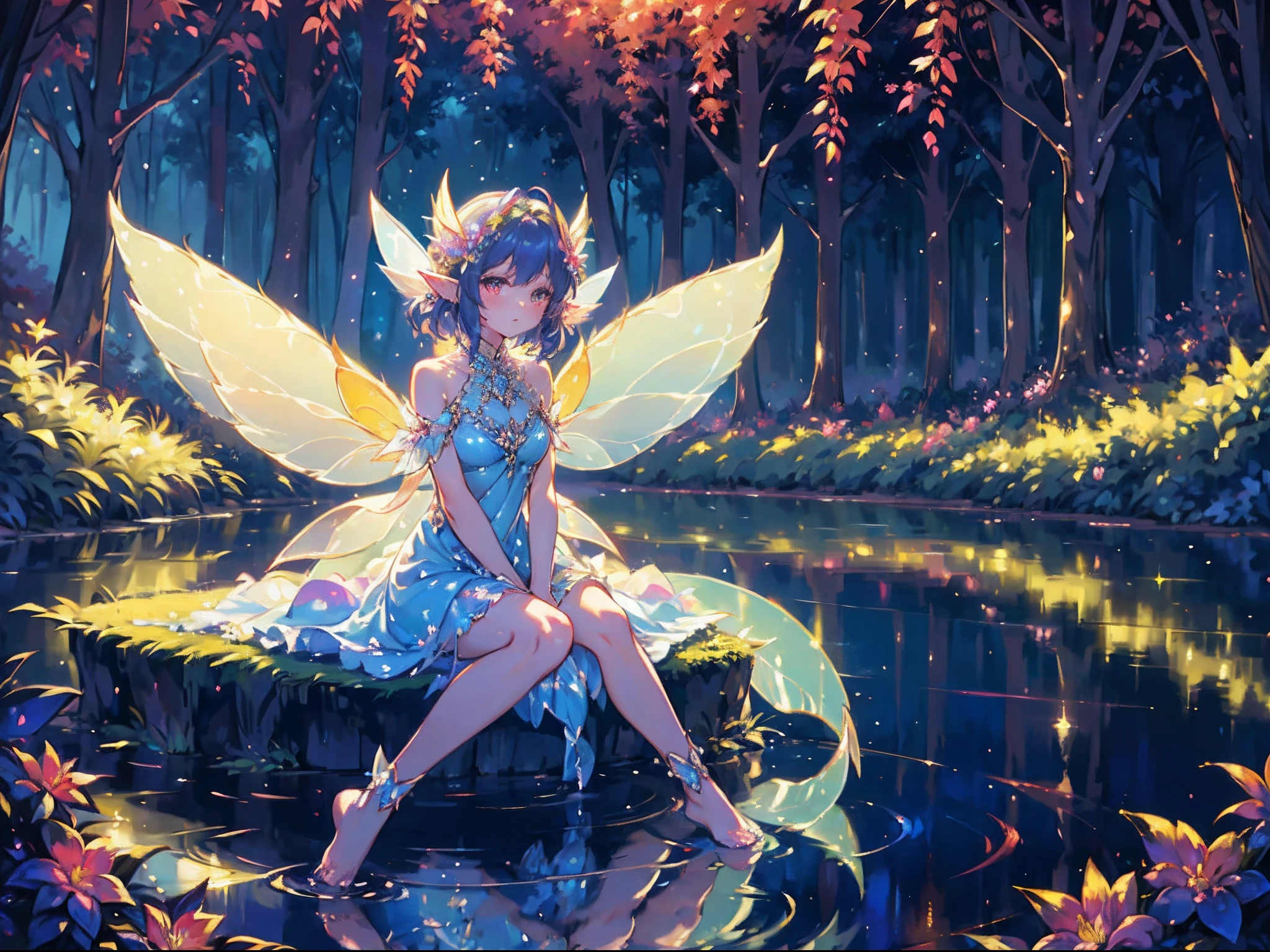 Oil painting:1.4, Impressionist, Sitting by a deep forest fountain in the Mysterious moonlight, feet immersed in water A girl, Beautiful face and brightly colored shining eyes. (Wearing big fairy wings of night effect:1.5) 。She wears an intricate and delicate lace dress. Fantastic deep forest lakeside decorated with flowers. Floral. Reflections. Vivid colors. High image quality. low resolution