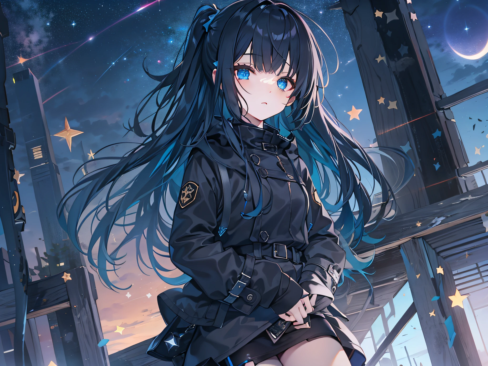 black pantyhoses，Starry eyes，Black parka，starrysky，the night，Dark blue hair，side pony tail，long whitr hair，black knee boots，black sash，Hair covers one eye，bit girl，waiting to start