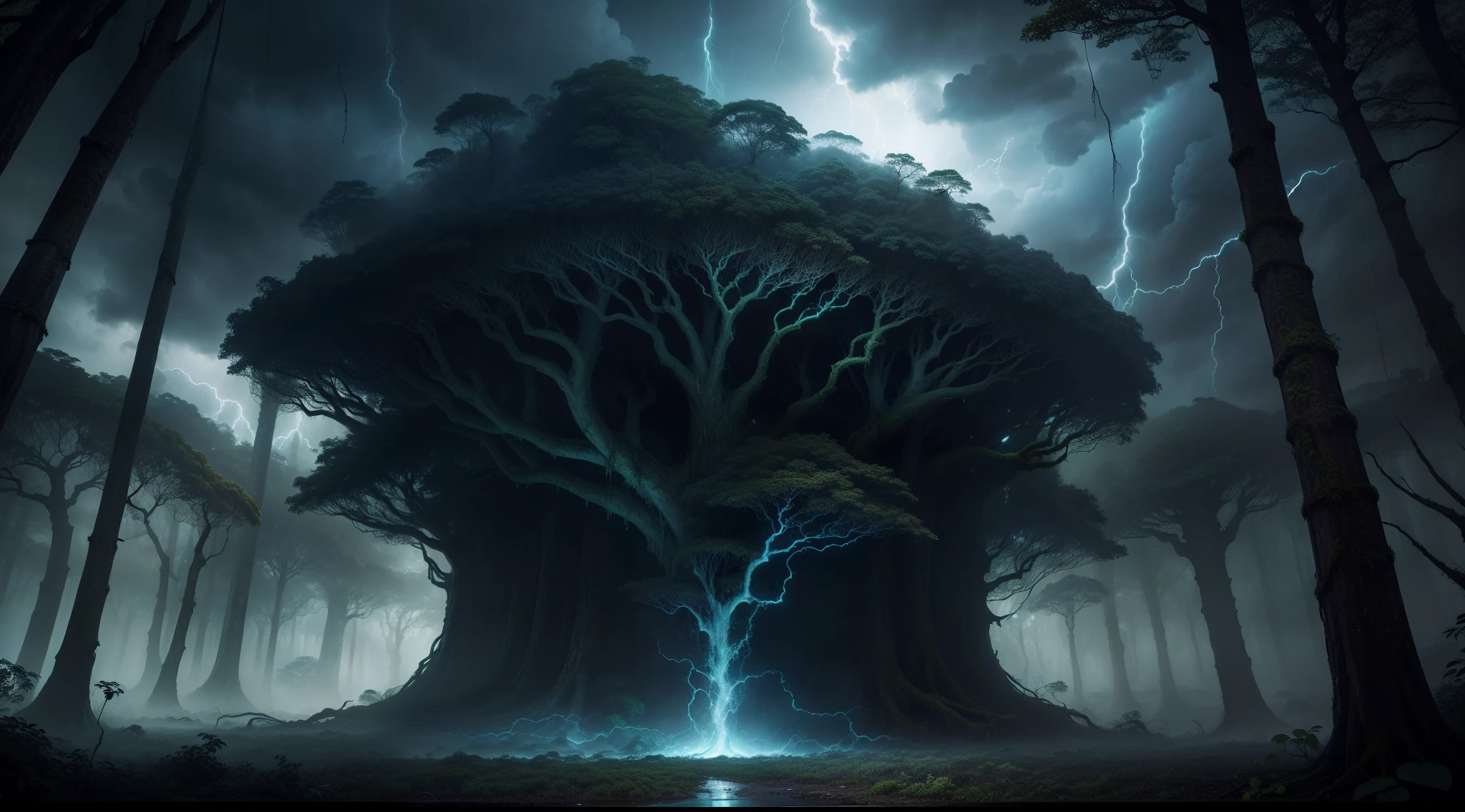 ((Best quality)), ((high res)), dark rainforest with a raging storm, ominous trees and vines, atmospheric