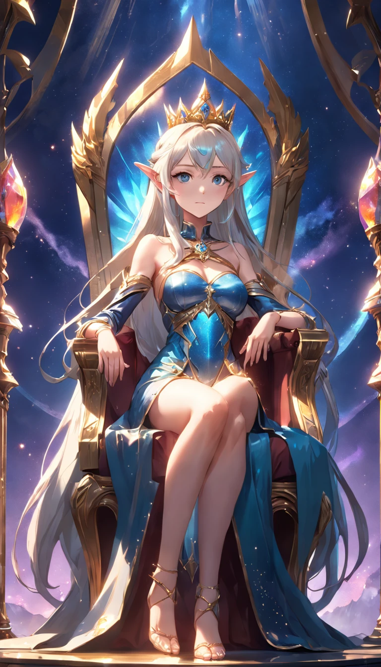 (extremely detailed CG unity 16k wallpaper:1.1), (Denoising strength: 1.45), (tmasterpiece:1.37), (Full body posing:1.4:), whole-length, Dynamic angle, starry sky, lifelike texture, side lighting, The Elf Queen sits on a throne with a shining crown set with many precious stones, sparkle, glowing light, ray tracing, ((masterpiece)), (masterpiece), best quality, UHD