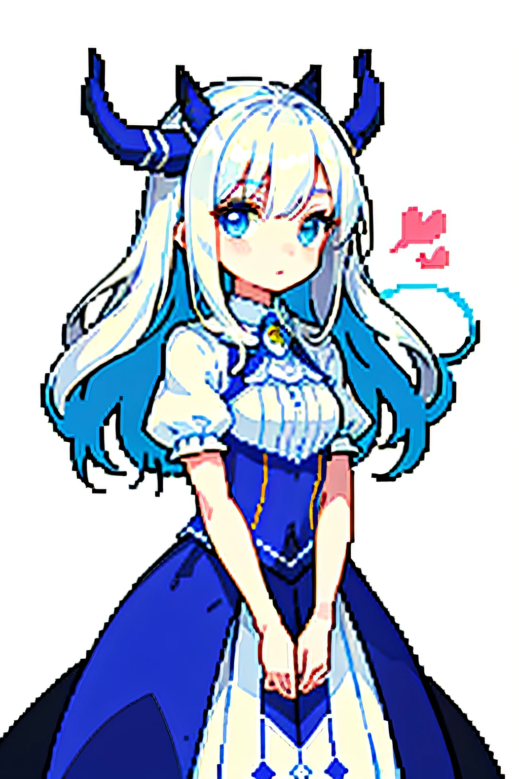 (tmasterpiece,top Quority,best qualtiy),pix,pixelart,1girll,full bodyesbian,There is a pair of horns on the head,long white hair,blue color eyes,White color blouse,Blue shawl,White pleated skirt