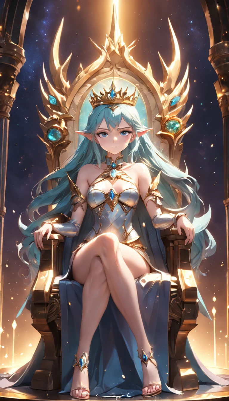 (extremely detailed CG unity 16k wallpaper:1.1), (Denoising strength: 1.45), (tmasterpiece:1.37), (Full body posing:1.4:), whole-length, Dynamic angle, starry sky, lifelike texture, side lighting, The Elf Queen sits on a throne with a shining crown set with many precious stones, sparkle, glowing light, ray tracing, ((masterpiece)), (masterpiece), best quality, UHD