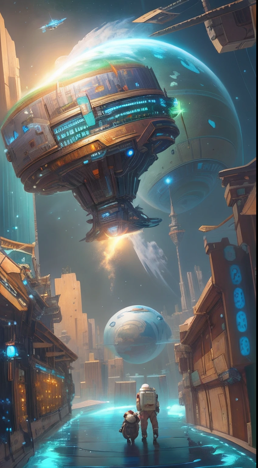 An original painting of a spaceship flying over a city, sense of science and technology,conceptual drawing, cyber punk style, Steampunk flies overhead, Concept art for the game, The sky was snowing,Astronaut pulling panda in steampunk cityscape Cosmos,Original Drawing