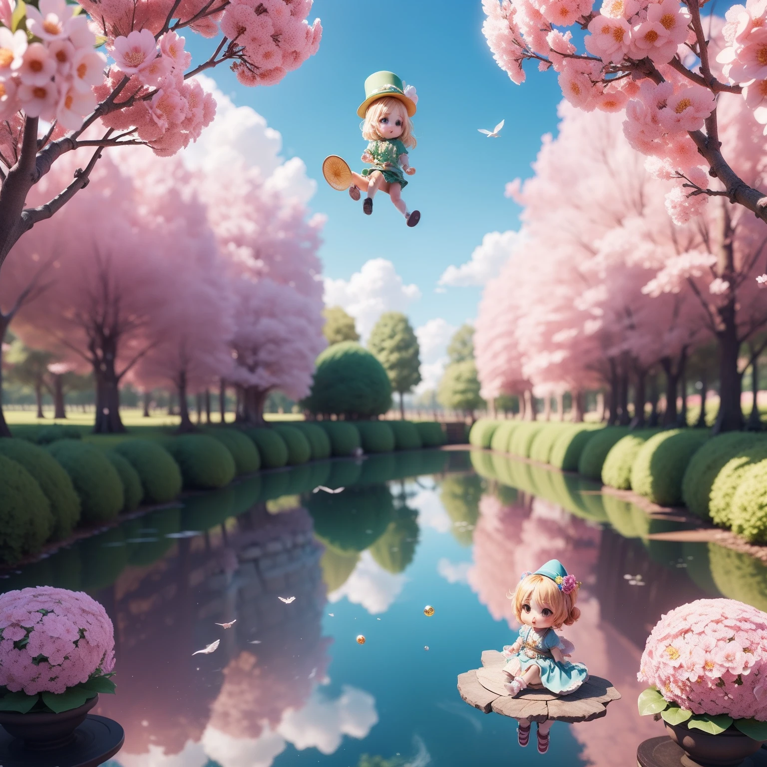 Cute Baby Chibi Anime、(((chibi 3d))) (Best Quality), (masutepiece)、Leprechaun (Floating in mid-air:1.3), Fly over flowers, Sit on a flower in the air、Under no gravity, Bird's Garden View,Rainbow in the sky