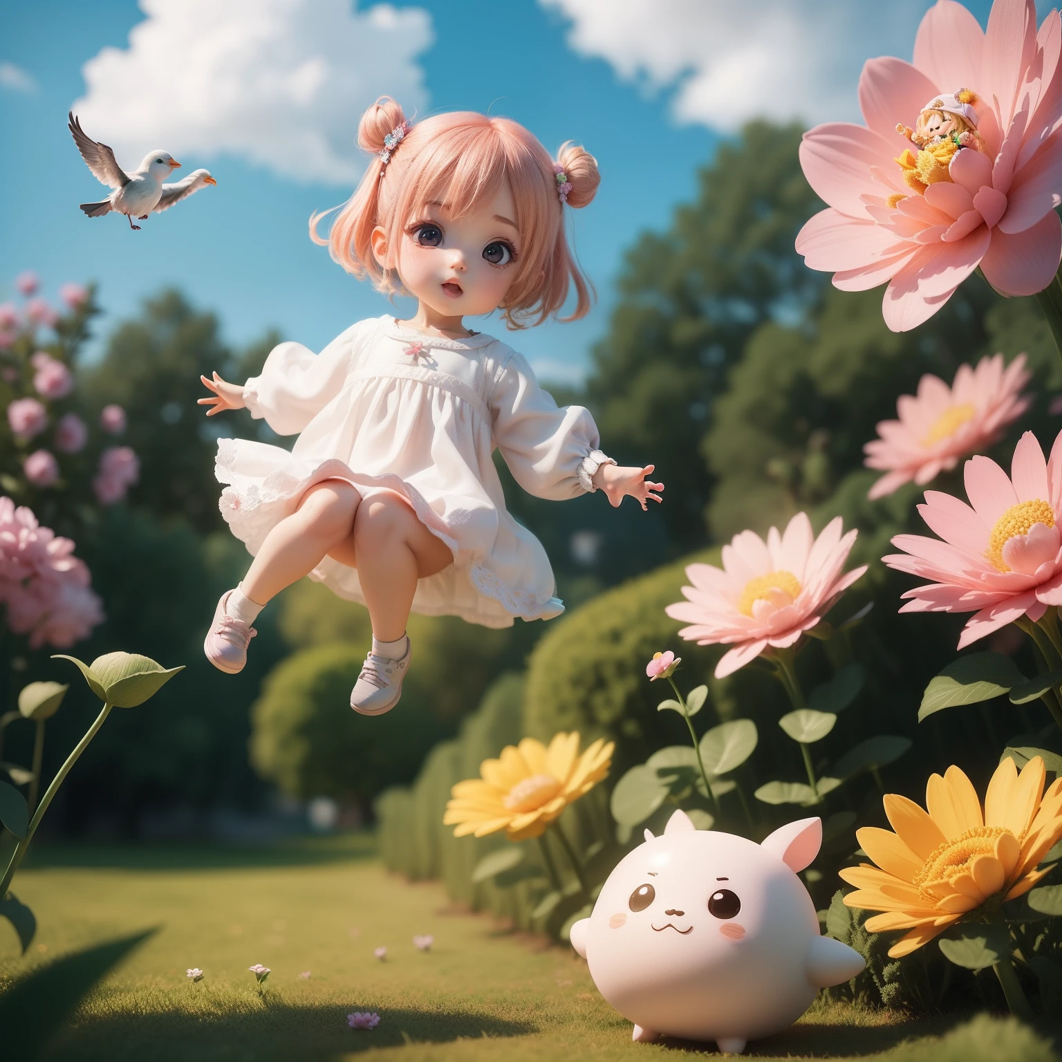 Cute  Chibi Anime、(((chibi 3d))) (Best Quality), (masutepiece)、Leprechaun (Floating in mid-air:1.3), Fly over flowers, Sit on a flower in the air、Under no gravity, Bird's Garden View,Rainbow in the sky