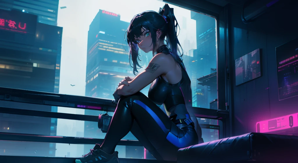 A dark cyberpunk city with neon lights in the valley of skyscrapers。On the windowsill of a glazed apartment、One girl sitting in gym、Deep loneliness drifts in the air。Her lonely gaze、Resonate with the viewer。