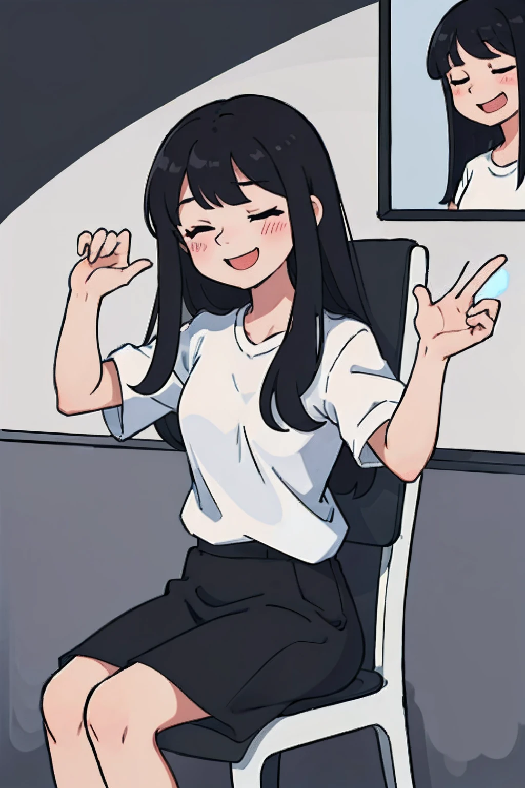 girl having long black hair and bangs, wearing a white shirt, sitting on a chair, ecstatic facial expression with eyes closed, ((she is super happy))