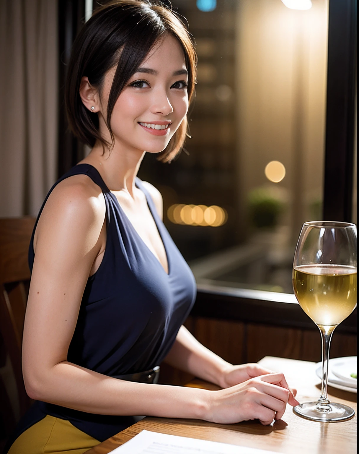 Araffe woman sitting at a table with a glass of wine - SeaArt AI