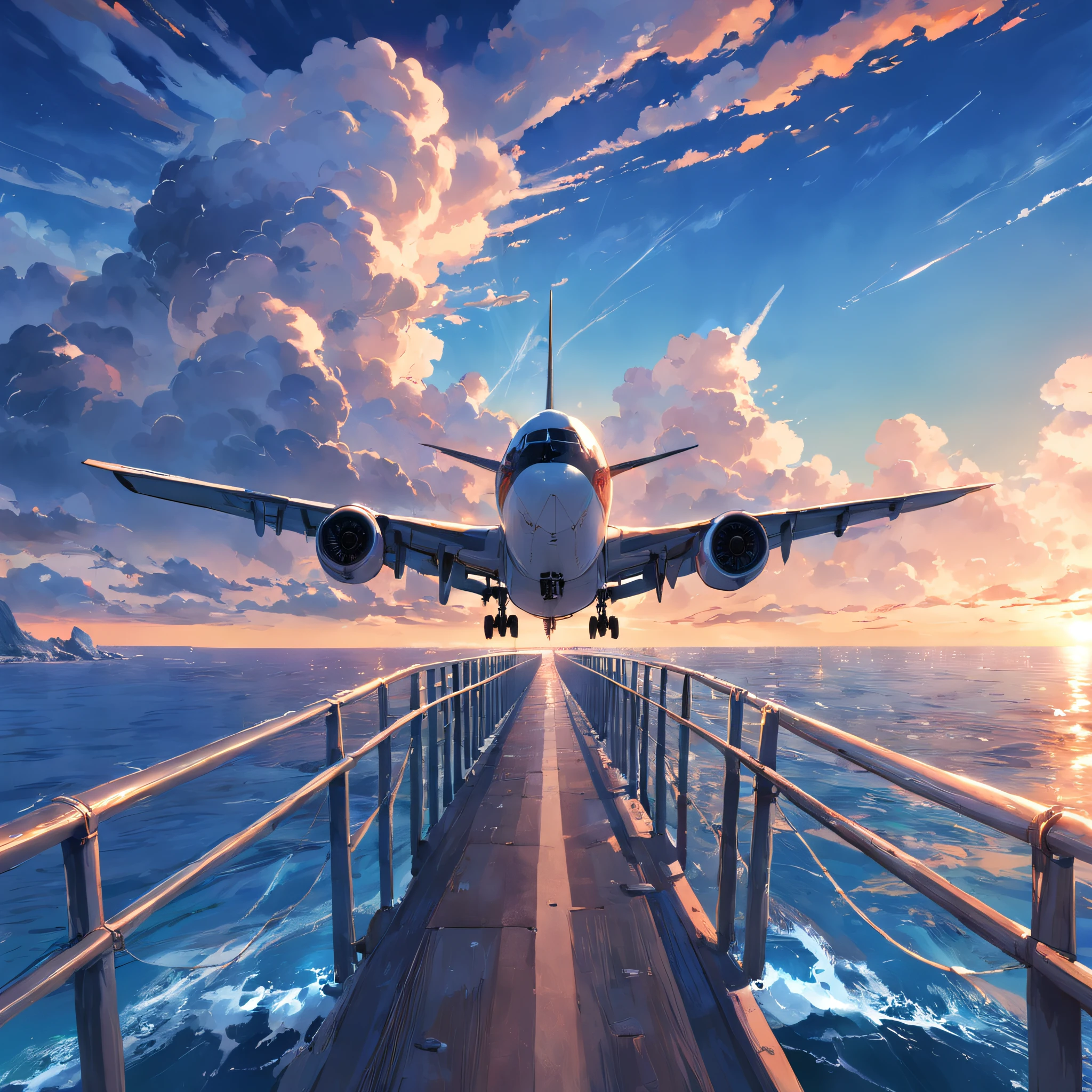 8K, best quality, masterpiece, scenery,Pier,Wharf， sea, seaside, power poles, long stone bridges extending into the sea, panoramic view, a jet plane flying over the sky leaving two white air marks. Blue sky, sunset, evening, reefs by the sea