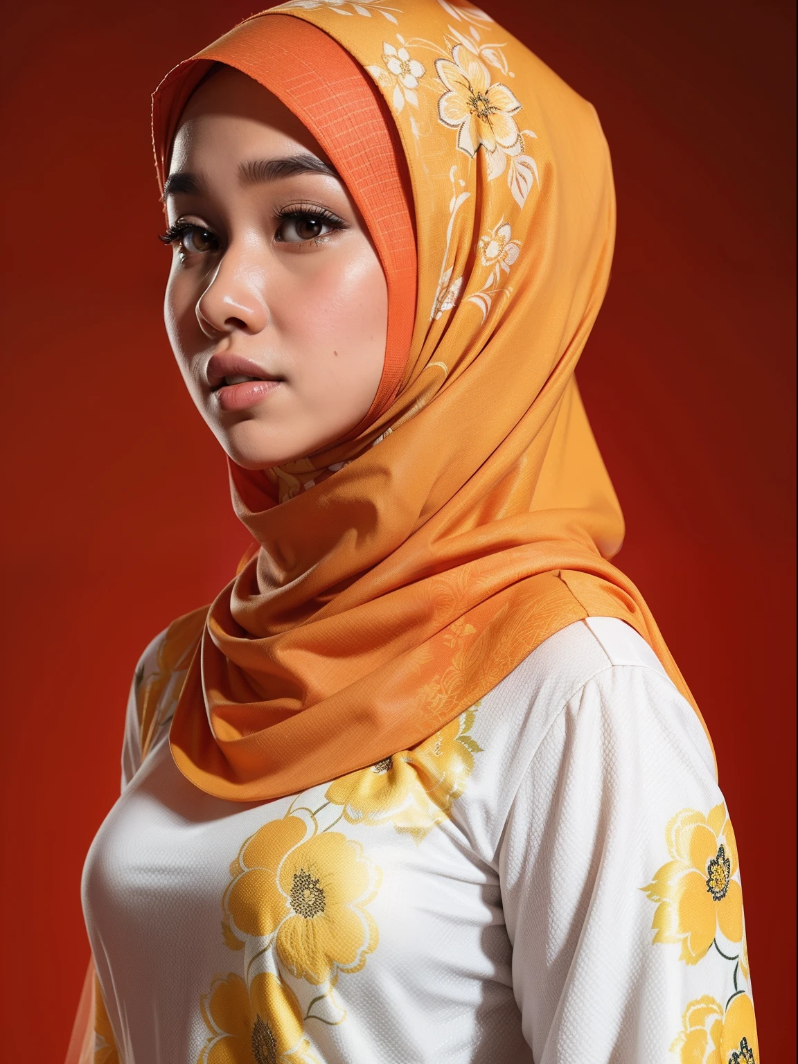 Malay woman in a white floral pattern baju kurung, in front of an orange background, wearing red and yellow clothes, headshot profile picture, hijab, (mira filzah:1.5), full protrait, on a yellow canva, protrait, portrait shot, photo of young woman, photo of a woman, portrait, mid shot portrait, in red background