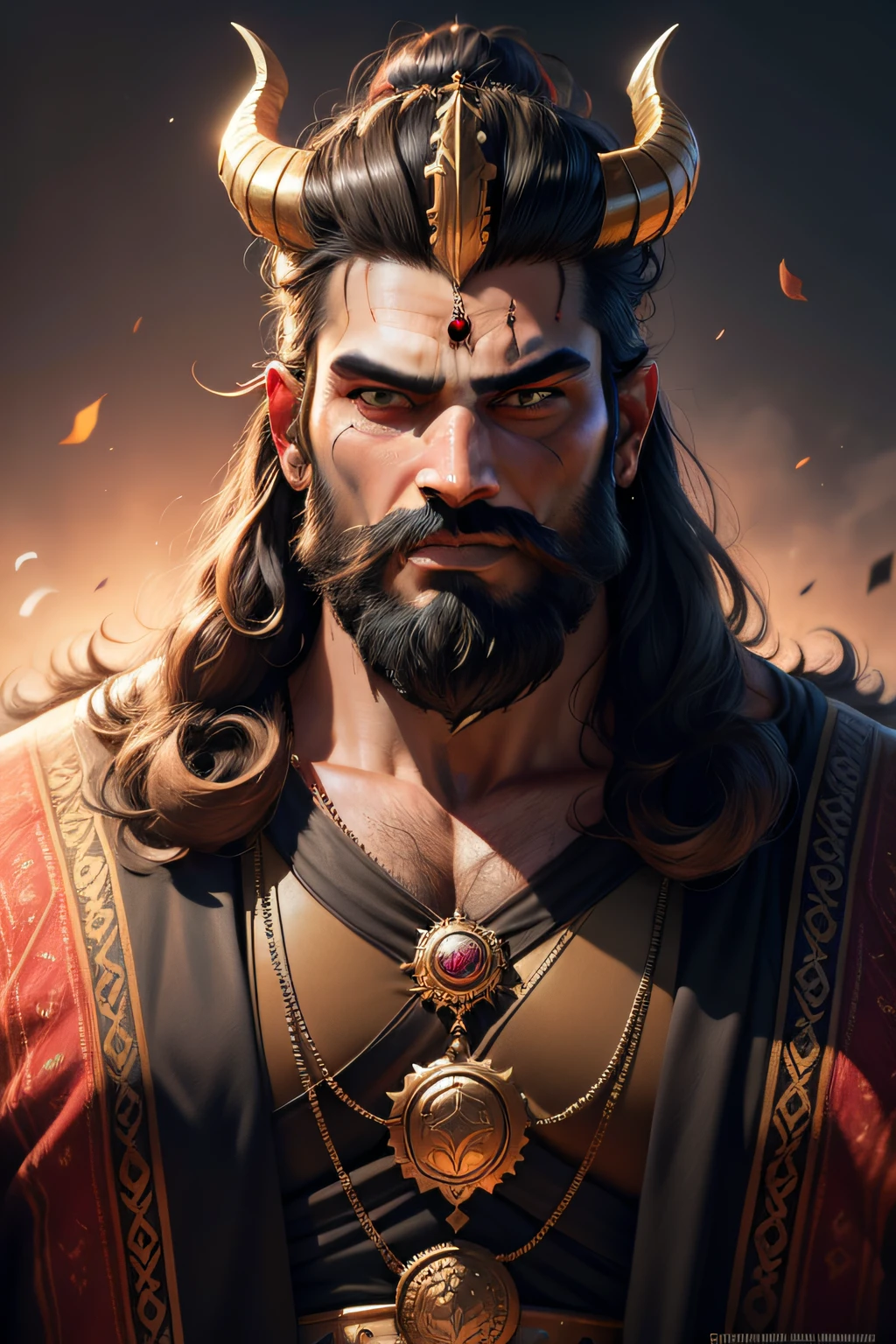 Waist high portrait of a handsome Indian king, Large size, Muscular, demon, Giant, lbeard, Beard, evil look, Long hair, black and gold dress, Horns in the crown, Perfect detailed face, Realistic, stunning realistic photograph, a 3D render, rendering by octane, intricately details, Cinematic, trending on artstationh, Centered ultra-realistic cover photo, Awesome full color, grittiness, High definition, Cinematic, Stylized digital art, smooth, hyper HD