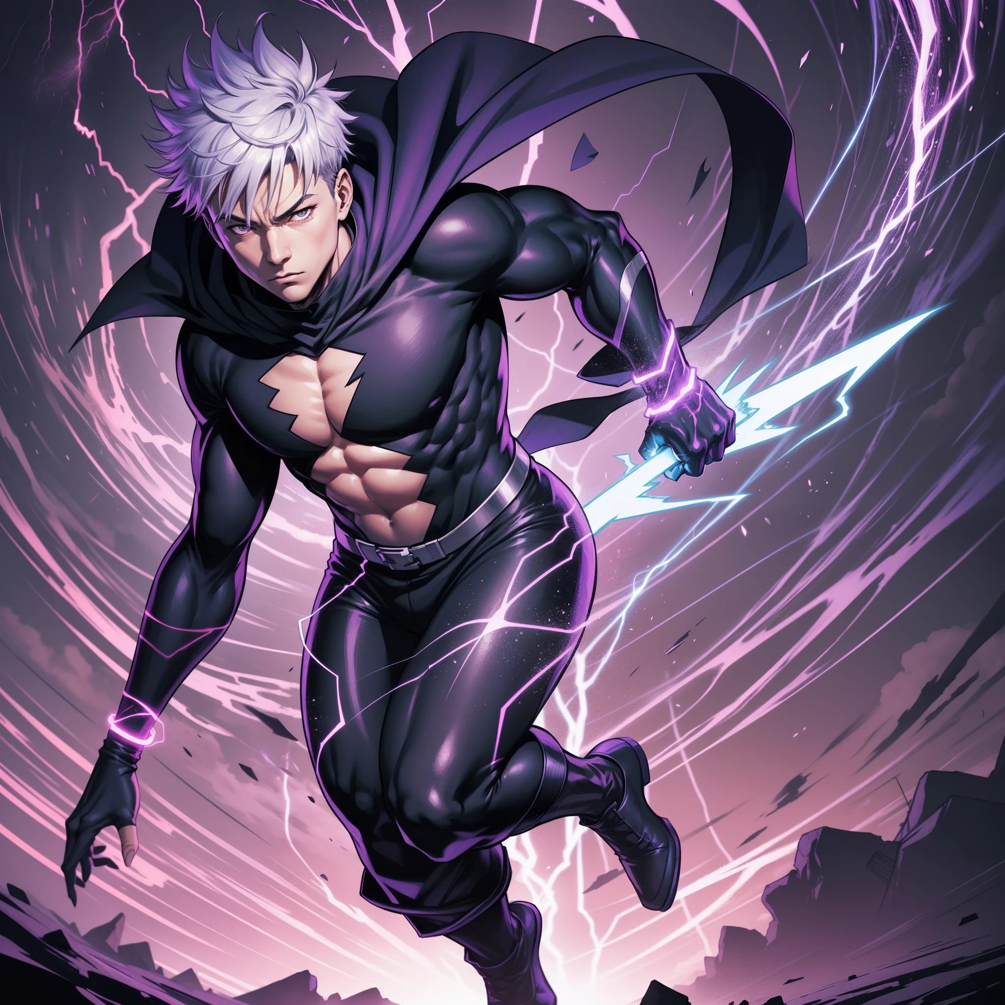 Gojo Satoru from "Jujutsu Kaisen" art by Gege Akutami. Capture the essence power of him doing the "Infinite Void" or "Hollow Purple on his right hand. Keep it short, bold, and intense to convey the raw power of Gojo's stan. ((Highly detailed image, best lightning effects)), magnificent, high masterpiece, ((Full body portrait)) --auto --s2