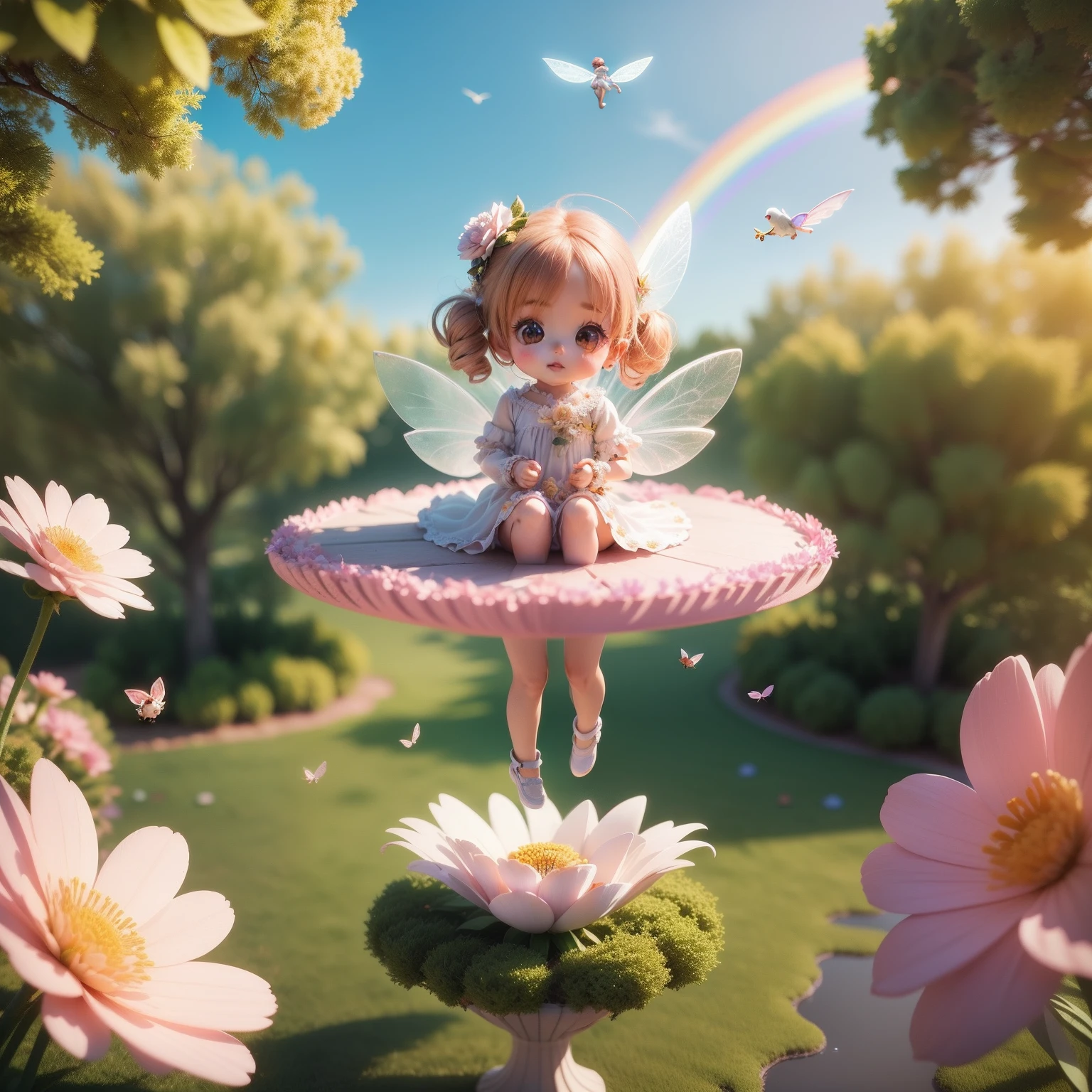 Cute Chibi Anime、(((chibi 3d))) (Best Quality), (masutepiece)、(Chibi Fairy:1.3) (Floating in mid-air:1.3), Fly over flowers, Sit on a flower in the air、Under no gravity, Bird's Garden View,Rainbow in the sky