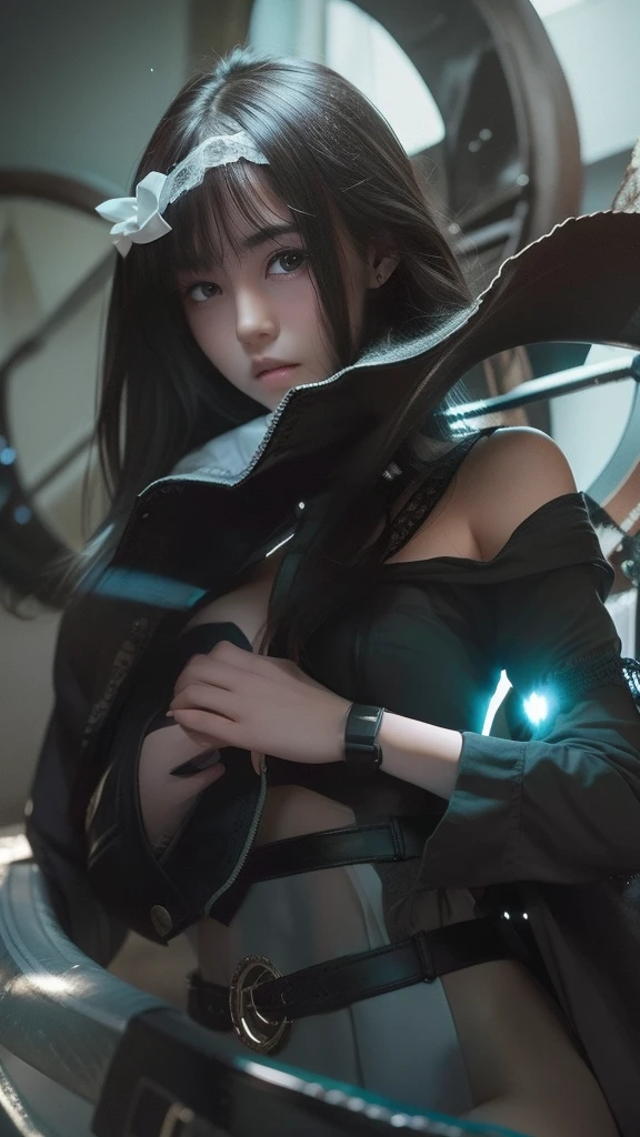 ung girl, dark hair, hands on chest, ultra detailed, There is a bit of white in the front hair