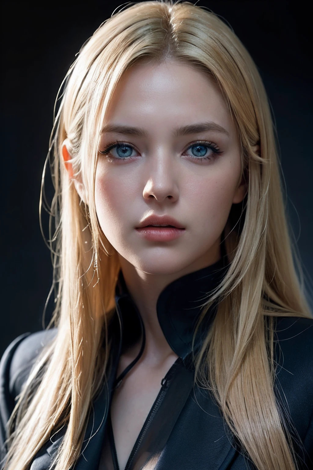 Best quality, masterpiece, ultra high res, (photorealistic:1.4), raw photo, 1girl, blonde hair, blue eyes, detailed eyes and face, black suit, dynamic lighting, in the dark, deep shadow, low key, cowboy shot full-lenght body