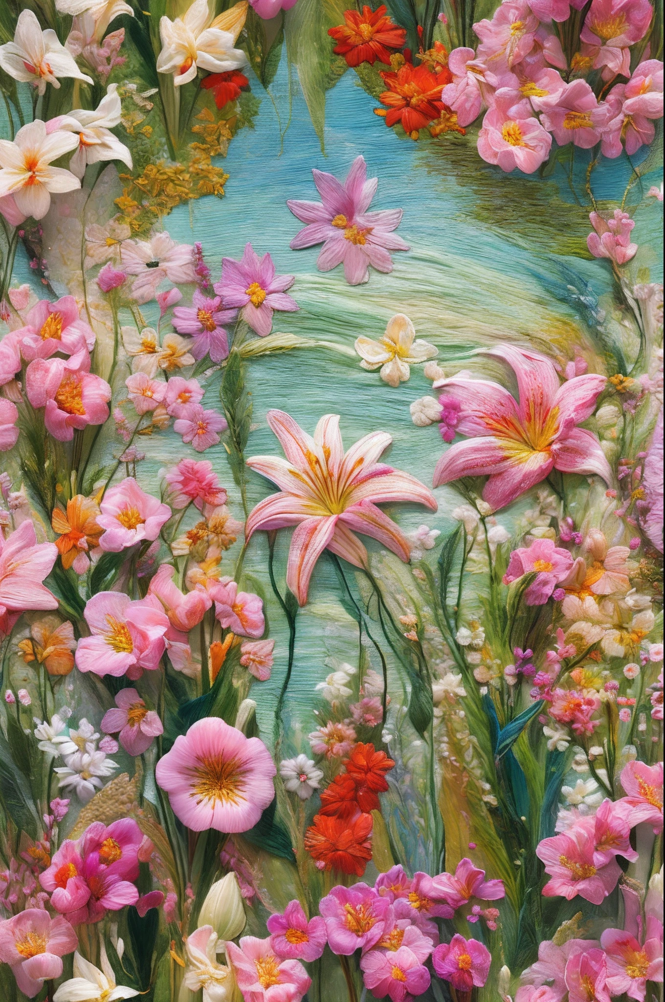 Best quality, masterpiece, ultra high res, (photo realistic:1.4), surrealism, dream-like, lily flowers ((abstract art)), Embroidery,