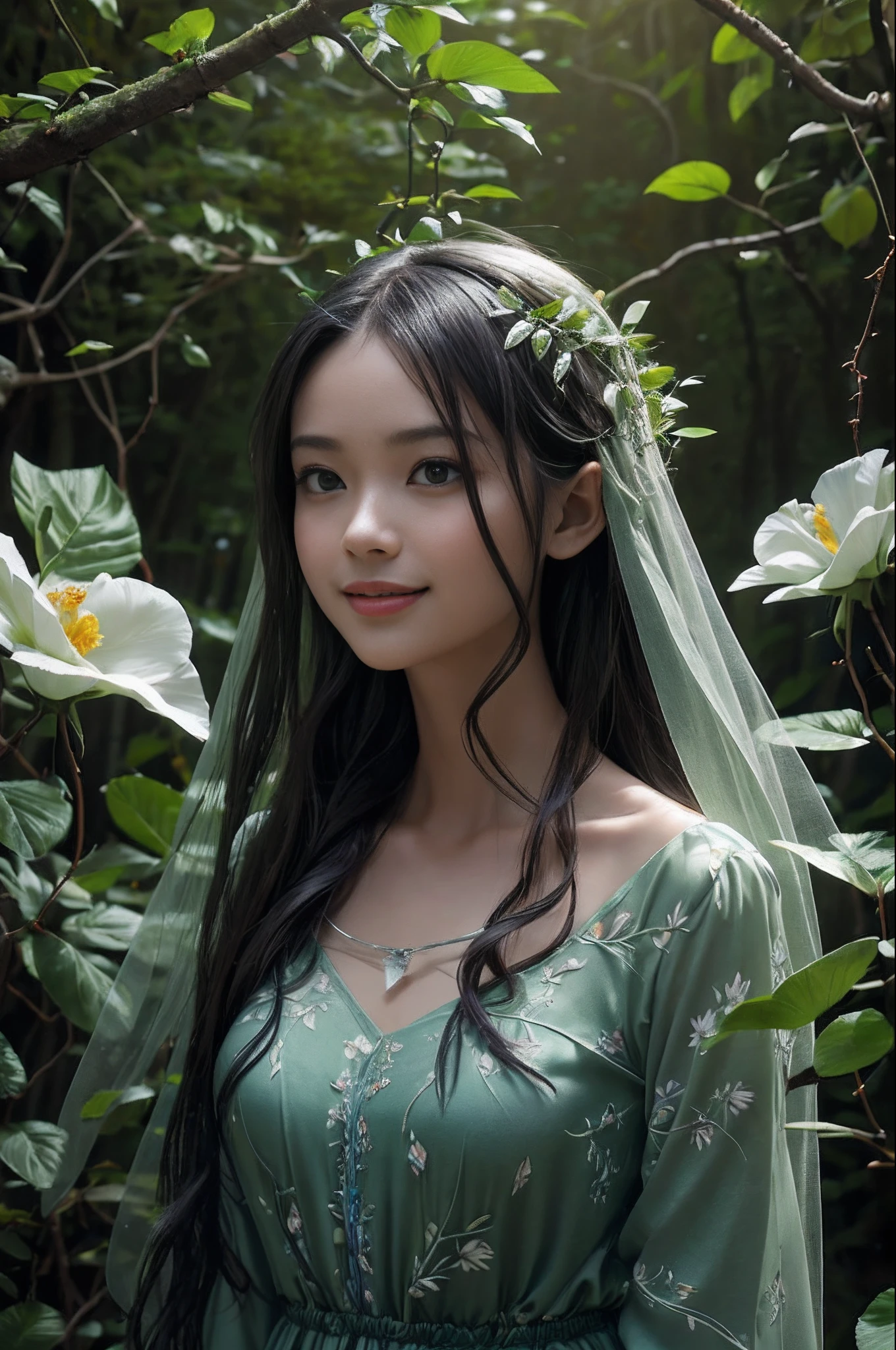 of the highest natural beauty, masterpiece of the wilderness, Ultra High Resolution like the tiniest dewdrops on a leaf, (Photorealistic: 1.4), Untouched snapshot of the night sky, Ebony locks resembling a raven's feathers, Skin as glossy as fresh morning dew, 1 Enchanted Nymph, (superbly realistic features)), Full blossoming form, Universal Radiance, Harmony of light and shadow, Forest Canopy Rendering, 8K, ultrasharp like the thorns of a rose, Revealed bosom like a blooming flower, Unprocessed earthy texture, Organic elements, Elaborate foliage patterns, Nature's intricate designs, Sunlight painted by the hand of Mother Nature herself, Trends in Natural Artistry, Gazing towards the horizon, Bioluminescent details, Organic limbs that blend seamlessly with the forest, Rivers of life running through vines, Natural backbone connected to the ancient tree, Leafy cervical attachment to the trunk, Vines and roots intertwining with the spirit, Tiny firefly lanterns illuminating the path, Silver threads of moonlight, Eyes as round and deep as forest pools, Magnificent iris resembling a kaleidoscope of colors, Joyful smile that lights up the forest, Summer attire woven from petals, Enchantress of the woodland, Dynamic presence like the wind through the trees.