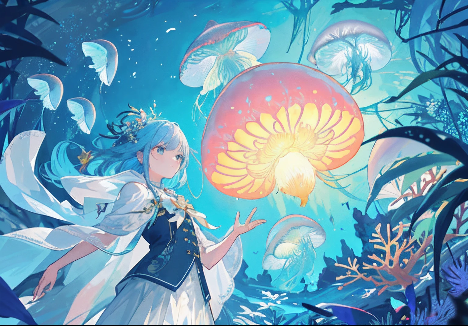 ​masterpiece, hightquality, Marine forest, 城市, Fantastic Fantasy, 22-year-old girl in the center looking up at the sky、glowing plants, Coral Viaduct, (A flock of glowing jellyfish), (School of fish with transparent wings flying in the sky), Foggy, Extreme detailing, Morning light, Magnificent composition, (intricate detailes), (intricate designs, The ultra-detailliert: 1.2), art  stations, (​masterpiece, top-quality), Ulutra HD, 32K 、Fish shadow、Lots of Fish、View from below、Under the sea 、Wearing a white cloak --v 6