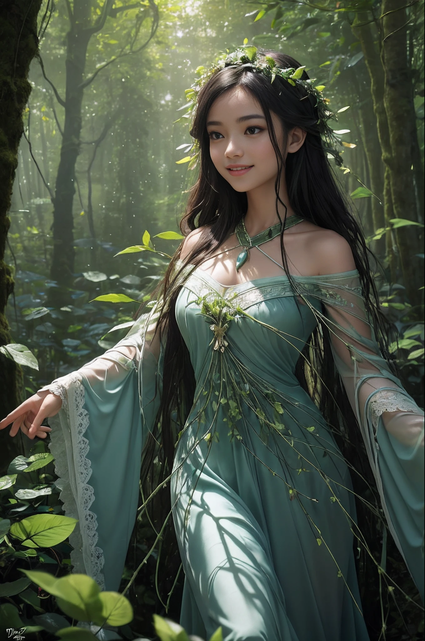 of the highest natural beauty, masterpiece of the wilderness, Ultra High Resolution like the tiniest dewdrops on a leaf, (Photorealistic: 1.4), Untouched snapshot of the night sky, Ebony locks resembling a raven's feathers, Skin as glossy as fresh morning dew, 1 Enchanted Nymph, (superbly realistic features)), Full blossoming form, Universal Radiance, Harmony of light and shadow, Forest Canopy Rendering, 8K, ultrasharp like the thorns of a rose, Revealed bosom like a blooming flower, Unprocessed earthy texture, Organic elements, Elaborate foliage patterns, Nature's intricate designs, Sunlight painted by the hand of Mother Nature herself, Trends in Natural Artistry, Gazing towards the horizon, Bioluminescent details, Organic limbs that blend seamlessly with the forest, Rivers of life running through vines, Natural backbone connected to the ancient tree, Leafy cervical attachment to the trunk, Vines and roots intertwining with the spirit, Tiny firefly lanterns illuminating the path, Silver threads of moonlight, Eyes as round and deep as forest pools, Magnificent iris resembling a kaleidoscope of colors, Joyful smile that lights up the forest, Summer attire woven from petals, Enchantress of the woodland, Dynamic presence like the wind through the trees.