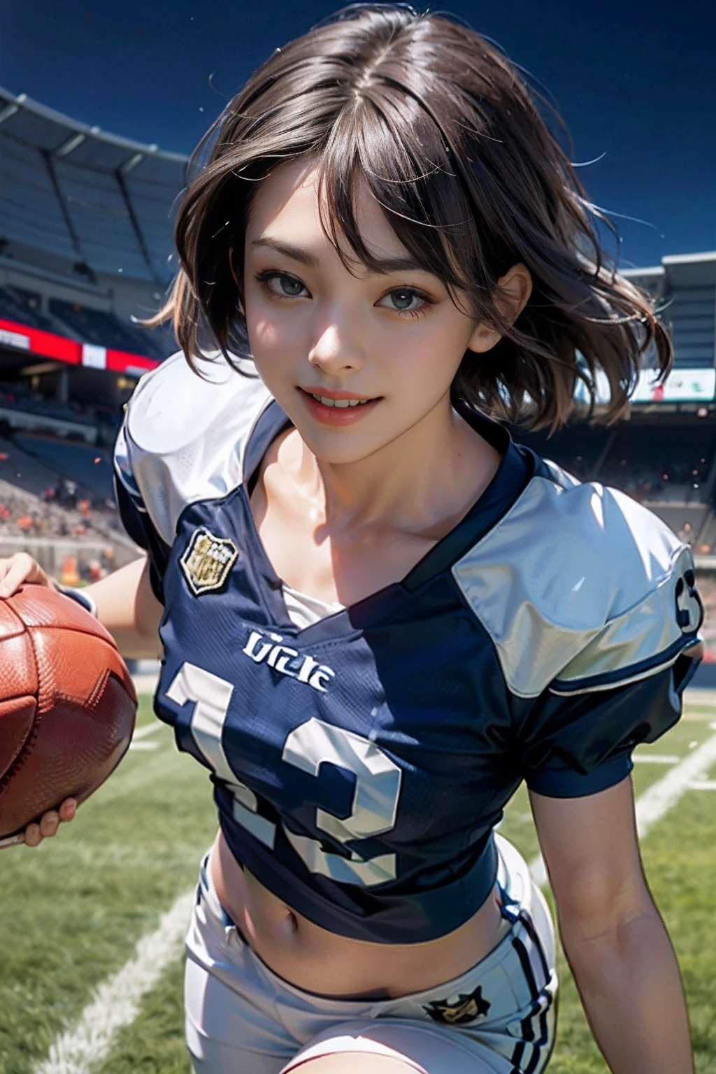 (8K, Raw photo, top-quality, ​masterpiece: 1.2), ​masterpiece, super detailing, Ultra-high decomposition energy A, (Realistic and realistic photos: 1.37), high-definition RAW color photography, Very delicate and beautiful., About Igree, 8K Wallpaper, astonishing, detaileds, extremely detailed eye, highlydetailed skin, extremely detailed fingers, highly detailed nose, highly detail mouth, perfect anatomia,1girl in, ( Football Uniforms), a ,large full ,A slender,Toned ,Stockings,Keep one's mouth shut、Smile happily、largeeyes、Distinct double eyelids、Eye lashes、long neck、Absolute area、Clean collarbone、face perfect、thin lips、a small face、(Gaze towards the viewer、Highlights in the eyes、Light brown eyes、Gloss on lips) , (Football Stadium:1.4) jewely, Cute smile,Short hair, Solo, 18year old、hposing Gravure Idol, Perfect Lighting,dynamic ungle, (Kick the ball dynamically:1.6),Football matches,