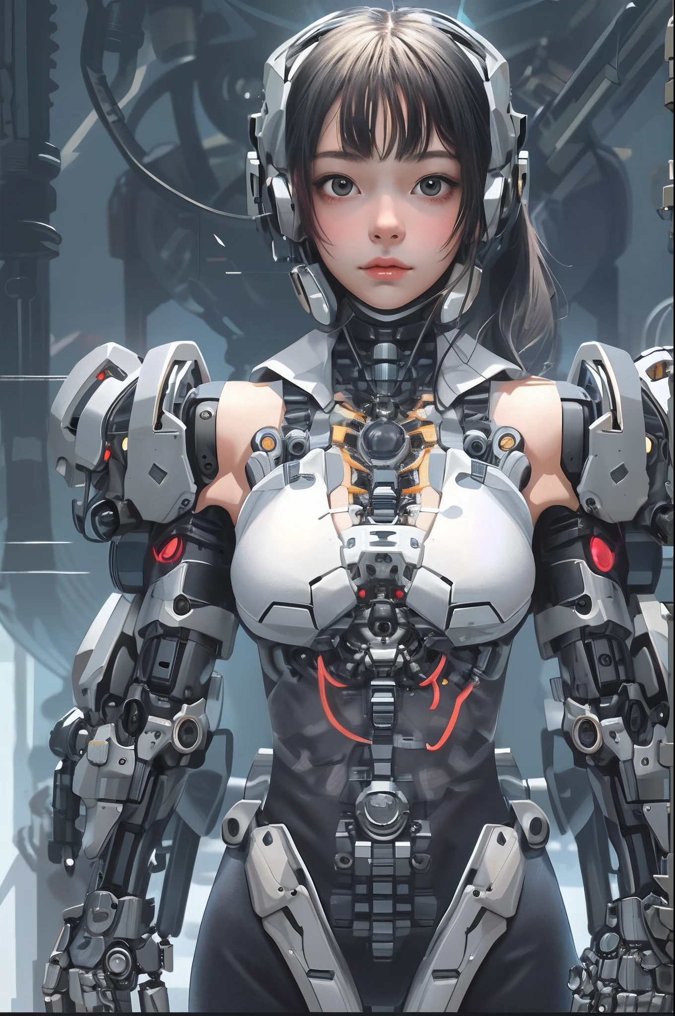 最好质量、巨作、ultra-high-resolution、(photoreallistic:1.4)、Raw photo、女の子1人、Black hair、glowy skin、1 Mechanical Girl、((hyper realistic detail))、portlate、Global Illumination、Shadow、octane rend、8K、ultrasharp、big tit、Raw skin is exposed in cleavage、metals、Details of complex ornaments、Gothloli details、Analog Meter、cog、gear、Golden hydraulic cylinder、hyper intricate details、Realistic light、CGSoation Trends、purple colored eyes、eyes glowing、Facing the camera、neon details、Mechanical limbs、blood vessels connected to tubes、Mechanical vertebrae attached to the back、mechanical cervical attaching to neck、sitting on、Wires and cables connecting to the head、Small LED lamp、