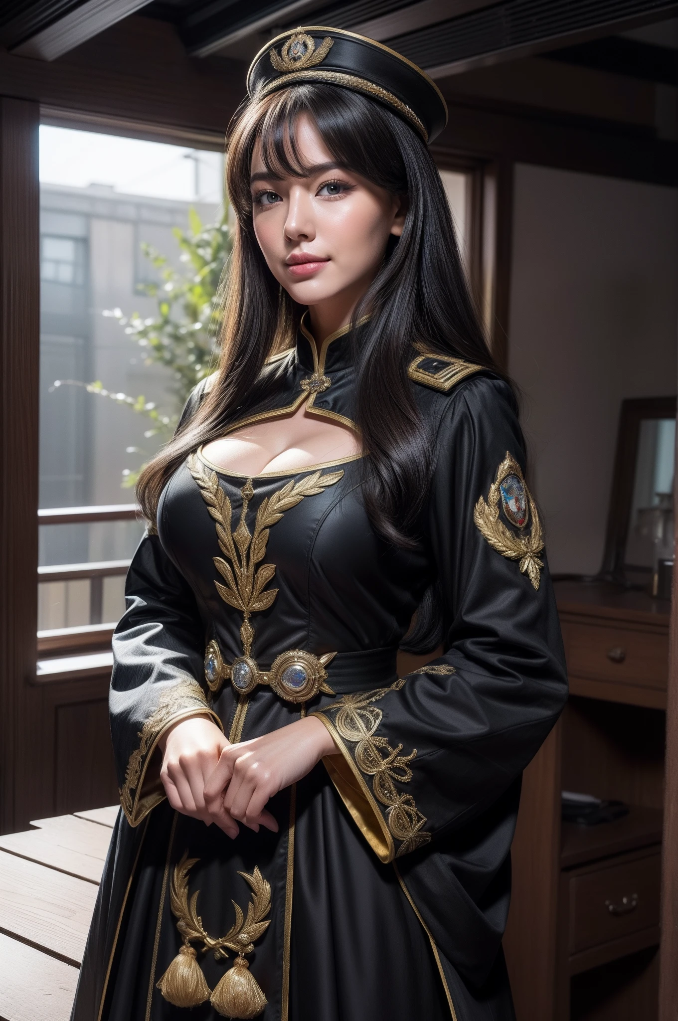 (Hyper-realistic) , (illustratio), (Increase the resolution),(8K), (Most Best Illustration),(extremely detaile), (美丽细致的眼睛),(The face is super detailed), (详细的脸), 独奏,1个Giant Breast Girl, looking at viewert, in the darkness nigth, deep shading, ssmile,cabelos preto e longos,(((Russian women's uniform:1.8)))