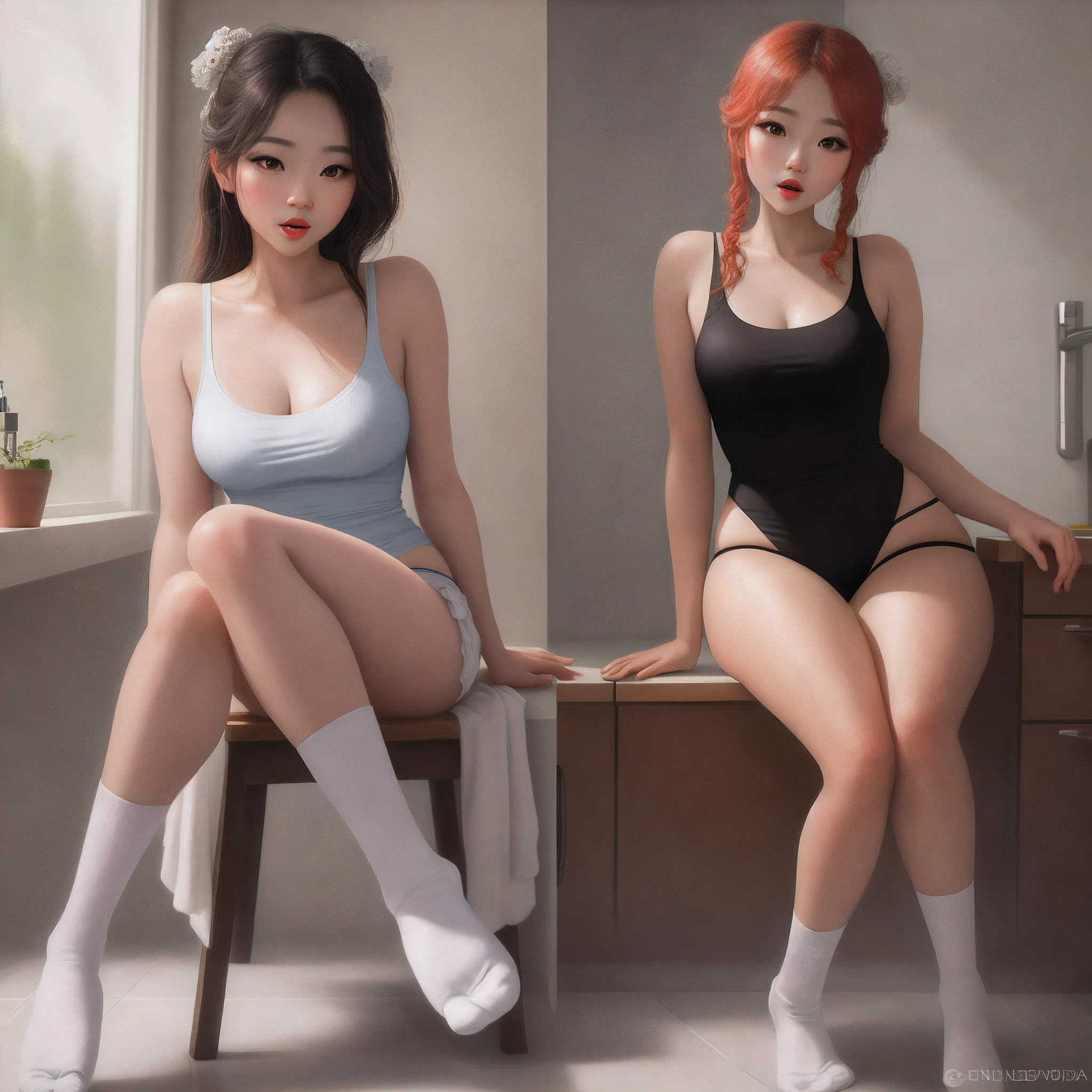 Realistic painting style，Realiy，photorealestic，Gongsun Li，Nasida，Closed-toe socks，full bodyesbian，only in panties，Stick out your tongue，Titillating，seduce，Heart-shaped pupils，Ruddy face，White complexion，cabelos preto e longos， girl in bathroom，Beautiful little feet，Well-proportioned calves