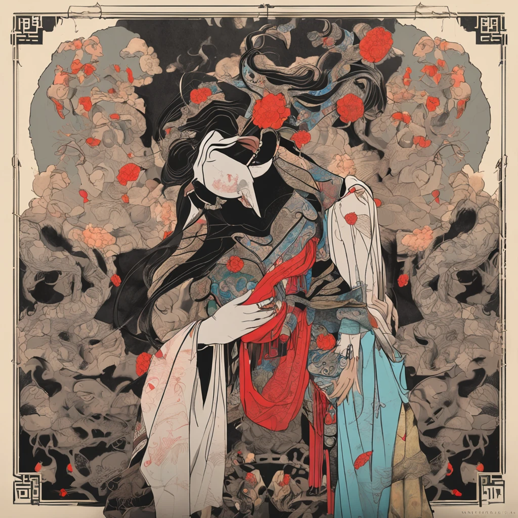 Best quality, Masterpiece, 超高分辨率, (photograph realistic:1.4), surrealism, Dream-like,fusionart,Chinese Sichuan opera face pattern is applied to clothing,Three women,full bodyesbian,Shadowdancer, shadow magic, darkness control, stealth, shadowstep, umbral spells, hidden blade,