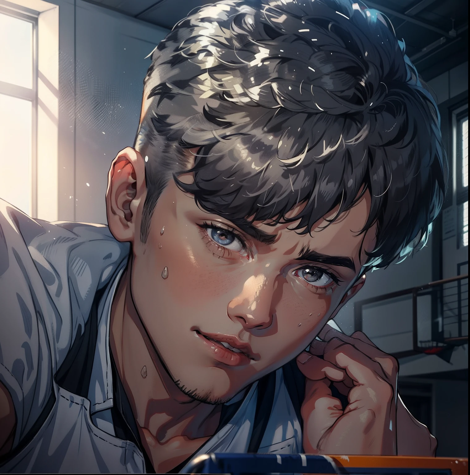 A boy is in、college aged、Basketball court、Mashed potatoes cut hairstyle、basketball suit、grey pants、standing on your feet、Upper body portrait、Wipe sweat on the forehead、brightly、