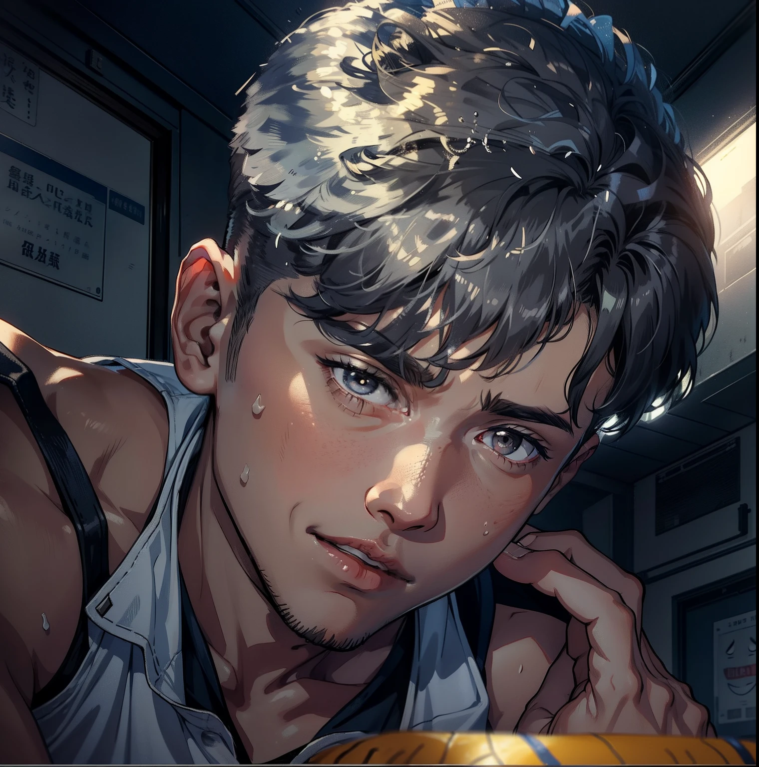 A boy is in、college aged、Basketball court、Mashed potatoes cut hairstyle、basketball suit、grey pants、standing on your feet、Upper body portrait、Wipe sweat on the forehead、brightly、
