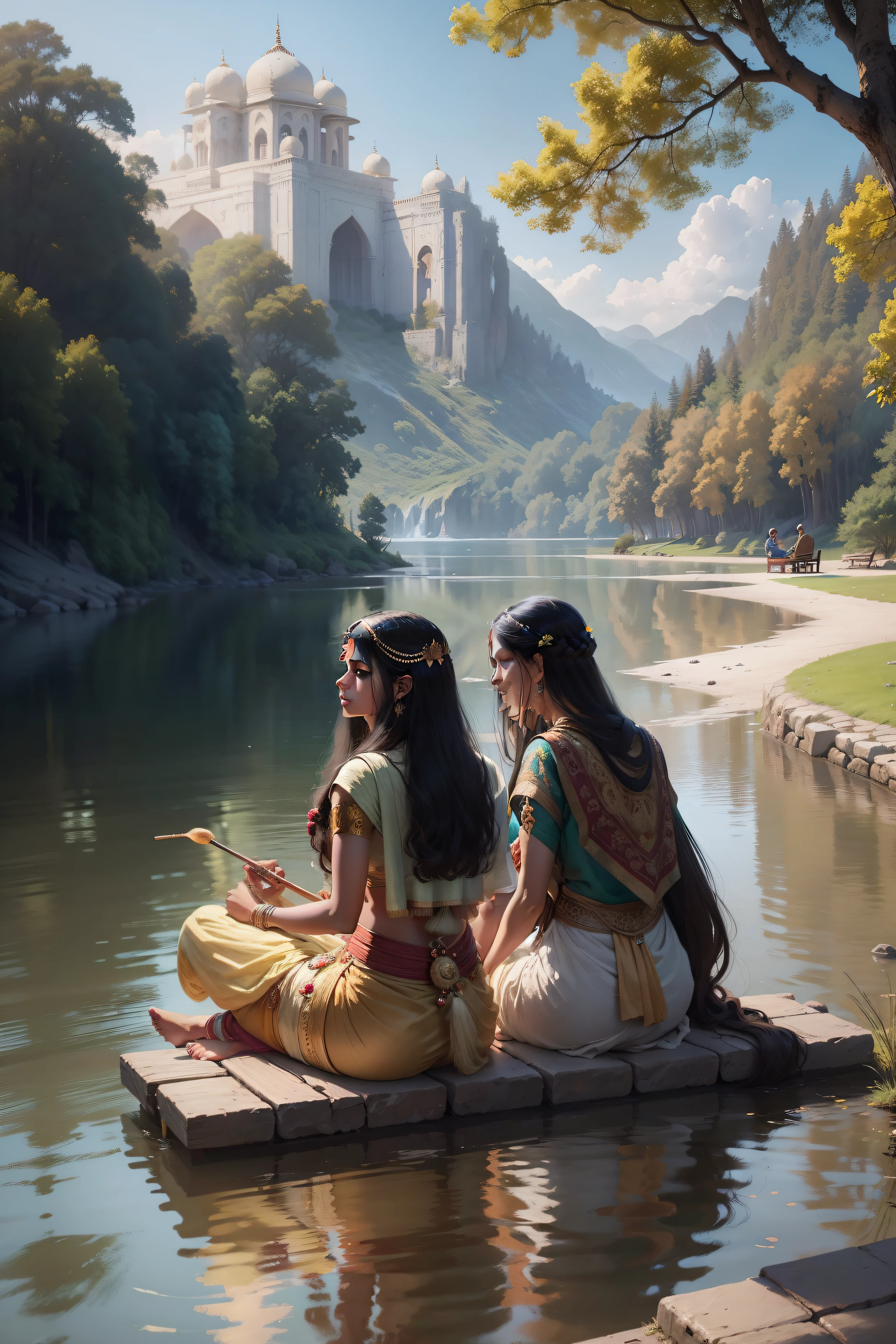 painting of couple sitting on a bench near a lake, realistic fantasy render, relaxing concept art, fantasy scene, calmly conversing 8k, 8k stunning artwork, beautiful render of a fairytale, fantasy art behance, (octane render) fantasy style, fantasy oil painting, cute, by Dhurandar style, 4k hd hyper realism and fantasy imaginative realism, beautiful brush work with smart mixing of brush work artwork with Variations lakeside background with fort and stone bench painting of a couple 5 to 6 of servant and horsecart standing by near of lake sitting on a bench and some of standing and talking each other with a peacock, cow by Raja Ravi Varma style , indian art, by sapar and sm pandit style, hindu art, inspired by Raja Ravi Varma, ravi Varma, from mahabharata, beautiful depiction, palatial scene, inspired by T. K. Padmini