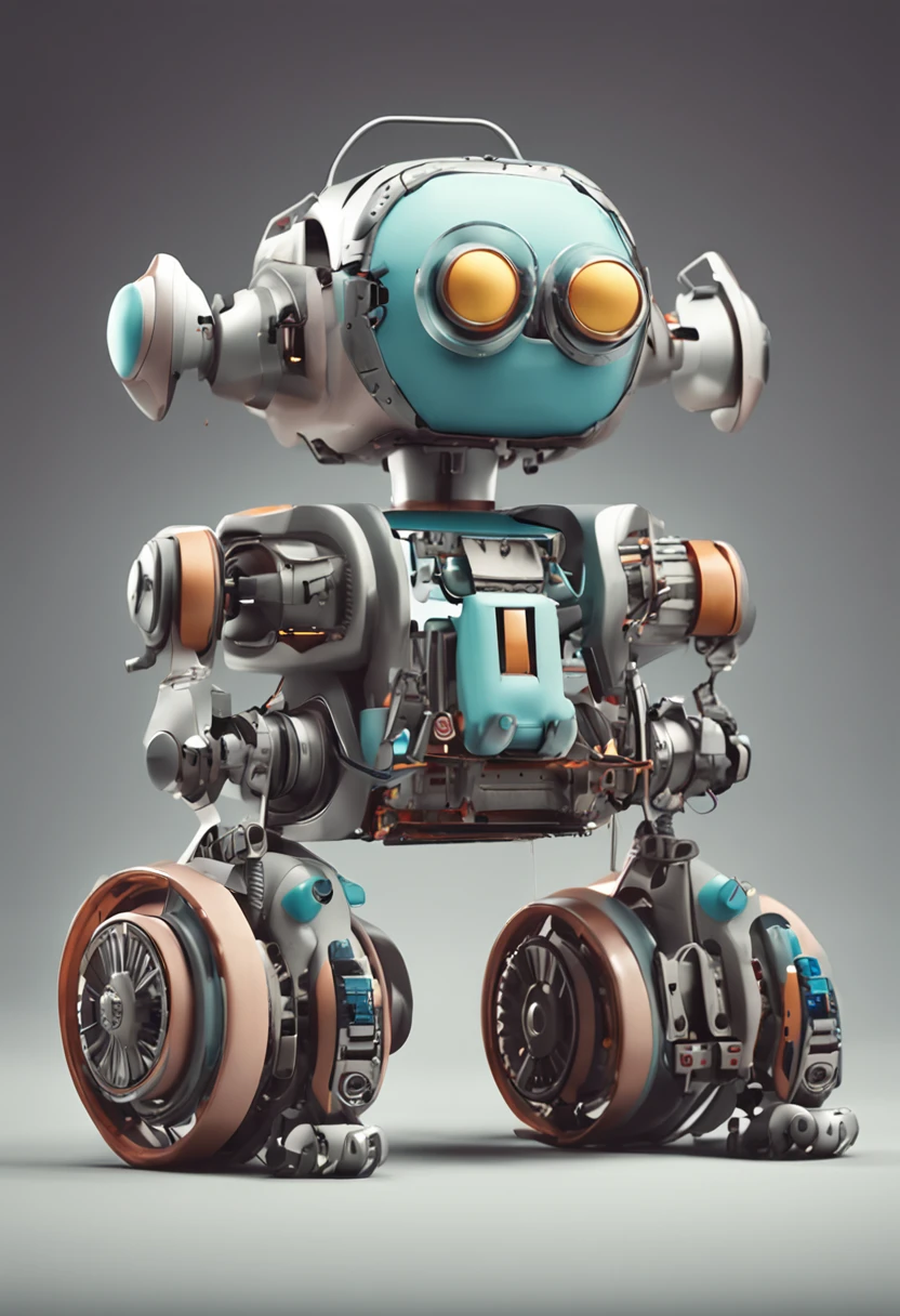 3/4 Front top view,Wheeled robots,Cartoony,adolable,photograph realistic,Hyper-detailing,Natural soft light,Pale color background,photore,Studio lighting for film shooting + dynamic compositions,incredibily detailed,Sharpen,the detail + intricately details + profesional lighting,cinmatic lighting + 35mm + deformation + lightroom + photography of + Bokeh + lens flare glow + filmgrain