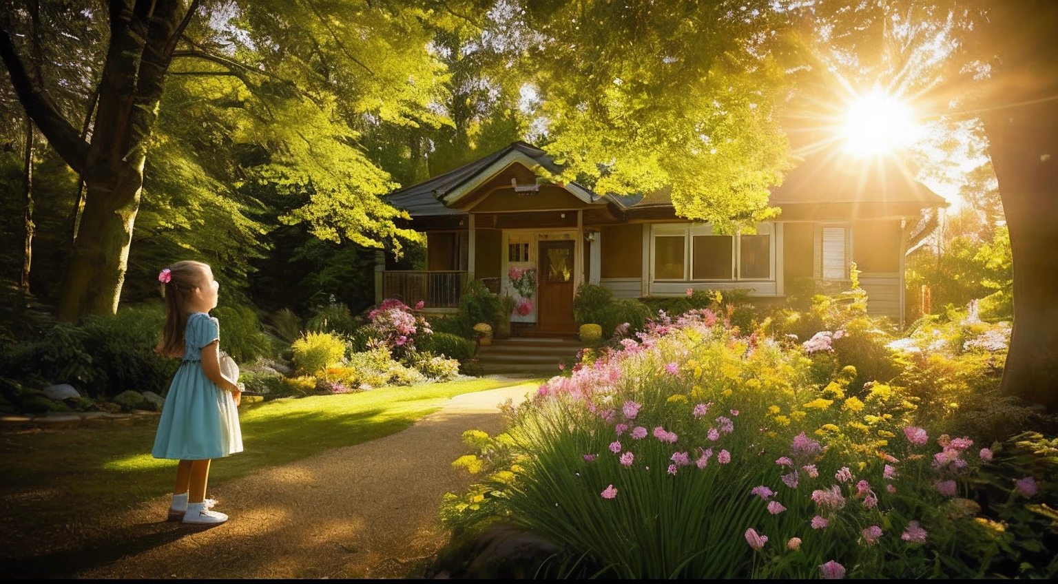 A serene image capturing a with her hands in her pockets, waiting for her mother to come home. The warm, golden sunlight filters through the leaves overhead, casting dappled hues on the child and illuminating the scene. The background features a flowing, brightly colored dappled atmosphere, with golden flowers and ferns framing the silhouette of a house with soft, golden lights. soft focus, telephoto lens, warm color palette