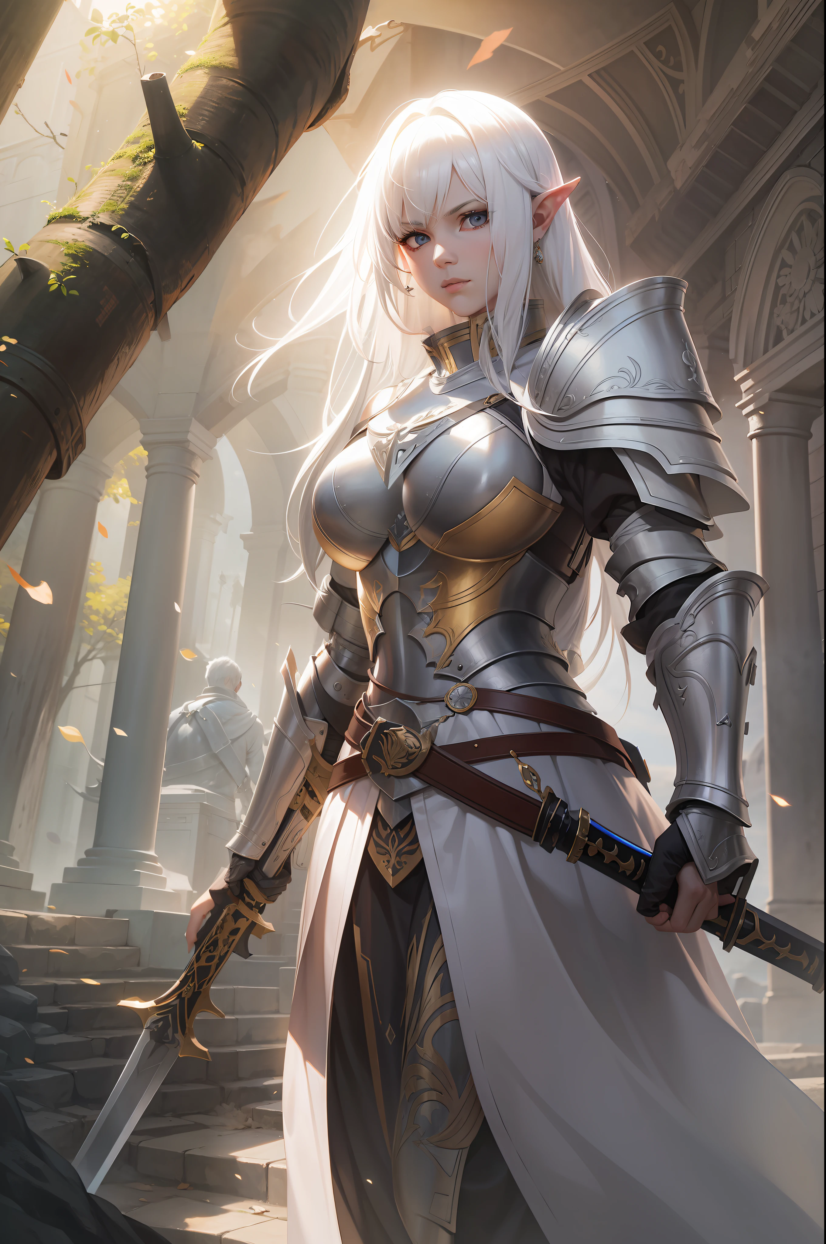 White-haired female warrior in armor holding a long sword,k hd,Flare effect,Sunlight shines,Rich in magic atmosphere。