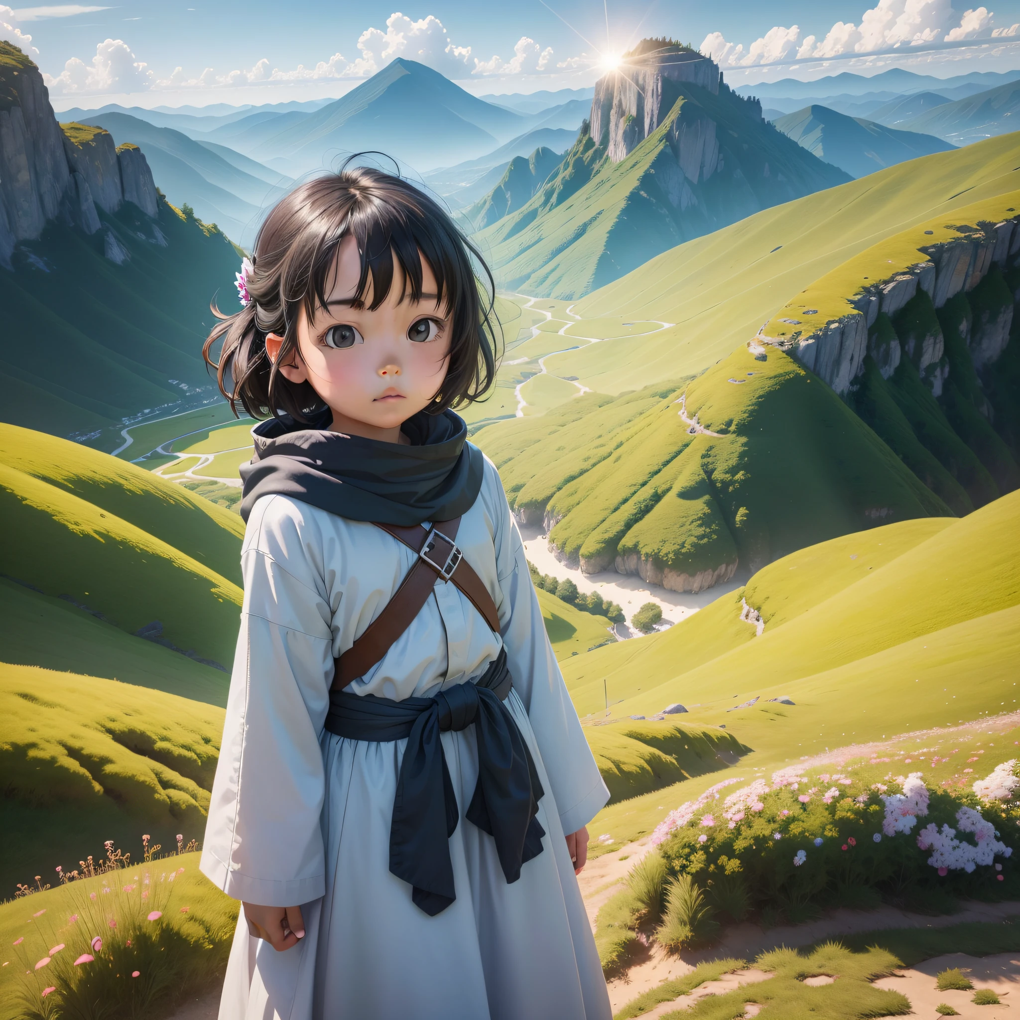 Best quality, hiyao miyazaki,8K,Super healing girl looking out at the ocean from the top of the mountain,plethora of colors,ultra-wide-angle,grassy fields,More flowers,Dreamy and sunny,vectorial,Generate images from multiple cameras from different angles