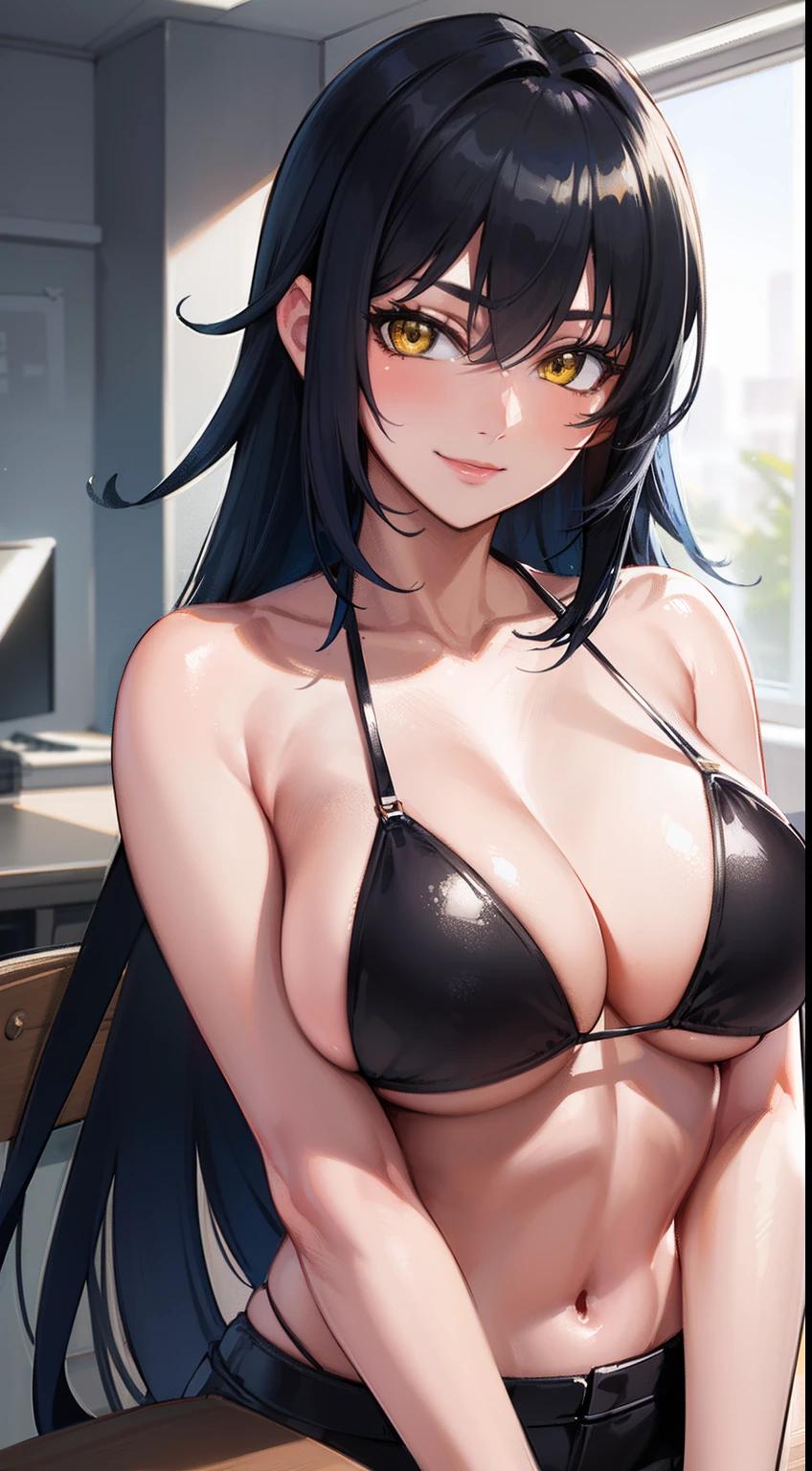 professional artwork, Intricate Details, field of view, sharp focus, detailed painting, photorealistic lighting, trending on pixiv,(masterpiece:1.0),(best_quality:1.0), ultra high res, ultra-detailed, photography, 8K, HDR, highres, absurdres:1.2, Kodak portra 400, film grain, sharp focus, bokeh:1.2, lens flare, (vibrant_color:1.2), (((indoors, office details))), Annerose, 1girl, female mature, black hair, long hair, (yellow eyes), large breasts, black bikini , higheels, soft skin, hair intakes, (solo:1.4), (upper body, half body shot, covered breasts), happy, smile, sweet