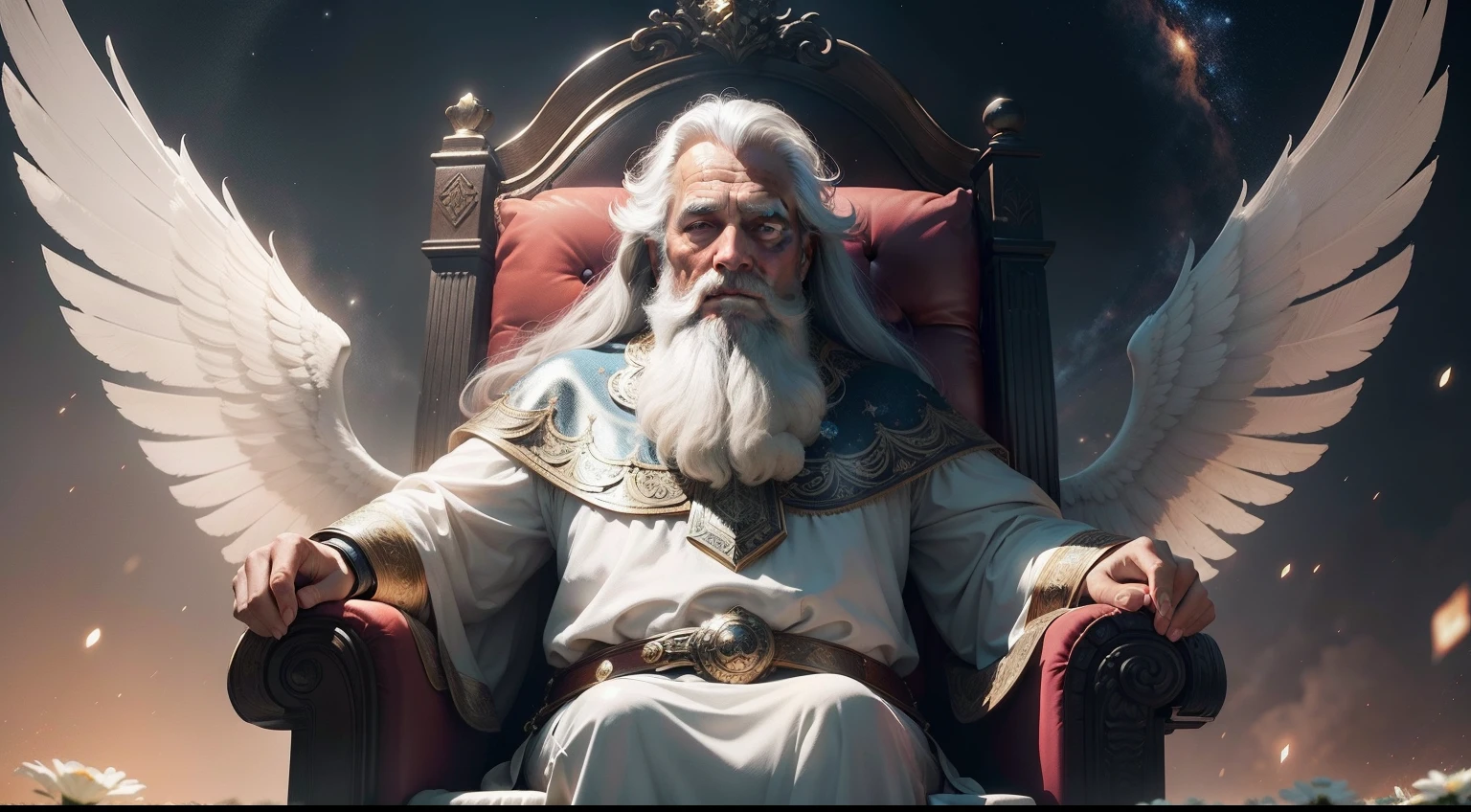super high res, melhor qualidade, foto, 16k, (fotorrealista: 1.2), cinematic lighthing, An old man in the form of a mythical god. Retrate o deus segurando , envolto por uma aura radiante. Seat them on a magnificent throne within a cosmic backdrop, em mantos brancos brilhantes e flutuantes no trono de cristal, flutuando sobre nuvens de cristal, cercado pelos esplendores do universo. Pay meticulous attention to stunning details and achieve a resolution of 64K for an immersive and realistic visual experience. Let your work capture the essence of myth and wonder, deixando os espectadores maravilhados com sua beleza e poder, olhos de fogo