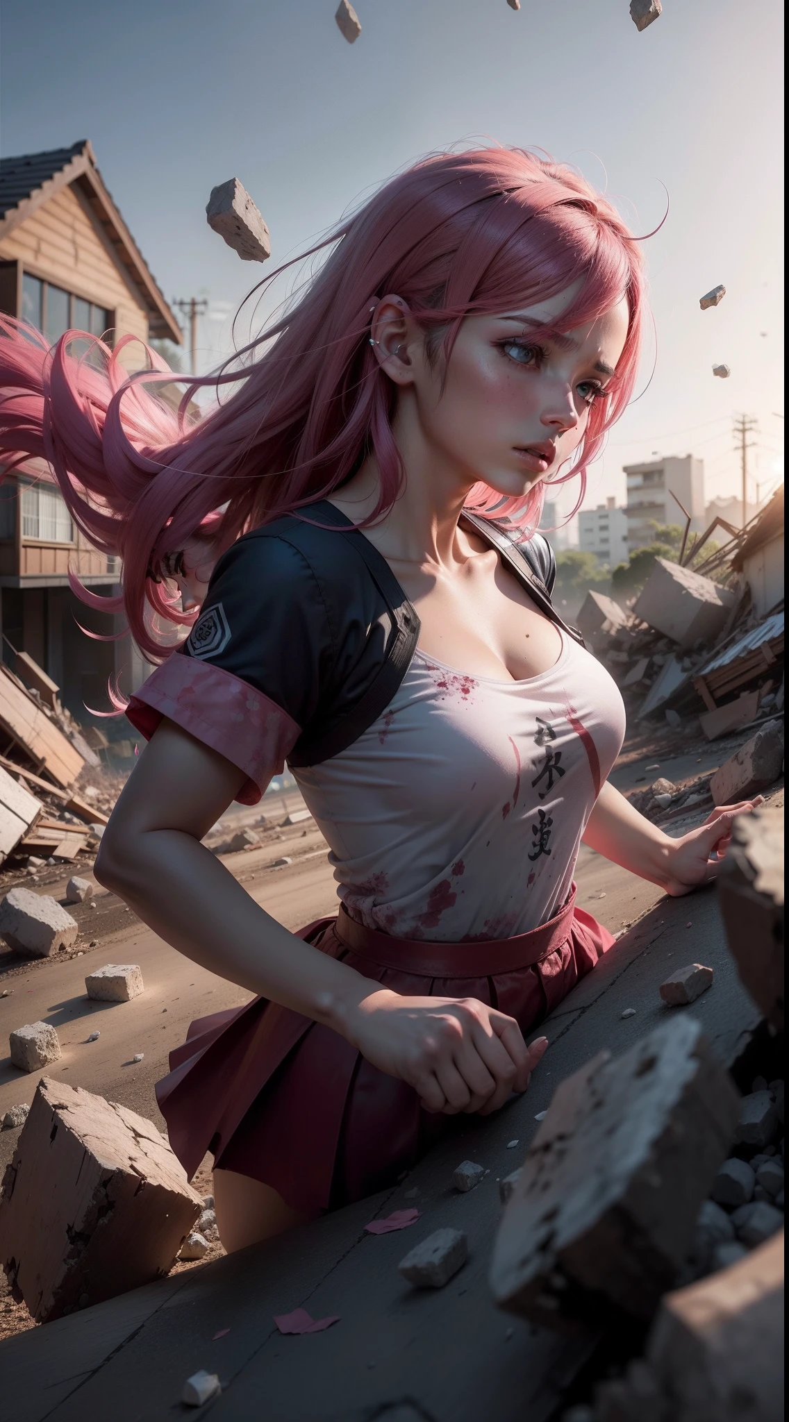 Personagem Sakura destruindo o solo com um soco poderoso, pedras voando ao seu redor, Debris from surrounding houses, rosto furioso, gritando de raiva, cabelo rosa