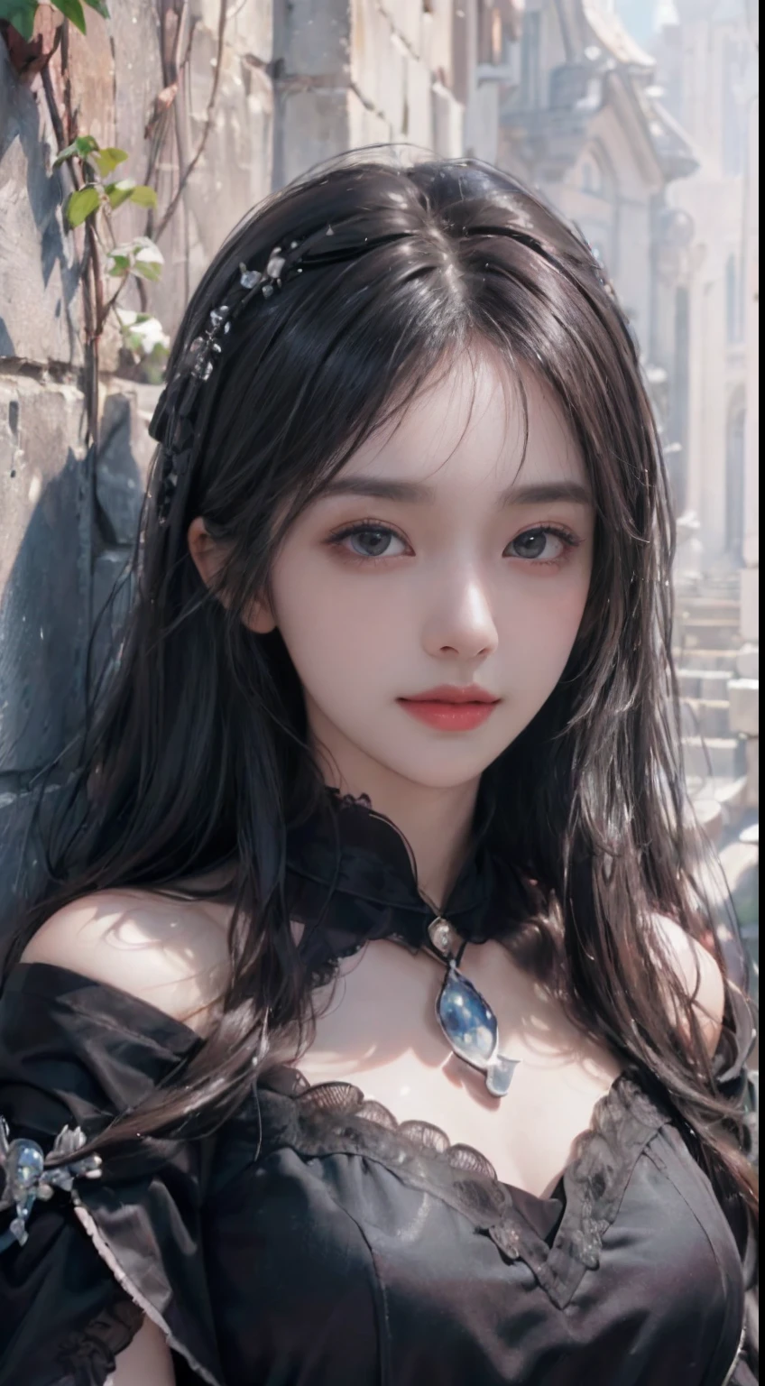 (ultra-realistic realism)、(illustratio)、(A high resolution)、(8K)、(The is very detailed)、(Best Illustration)、(Beautifully detailed eyes)、(top-quality)、(ultra - detailed)、(tmasterpiece)、(the wallpaper）、（A detailed face）、独奏、1 girl in、looking at viewert、finedetail、A detailed face、in the darkness nigth、deep shading、low tune、pureerosfaceace_V1、A smile、Long、Black shawl straight hair、46-point diagonal bangs,　（Silk dress、long  skirt）(cropped shoulders）The view of the castle、、Stand against the wall