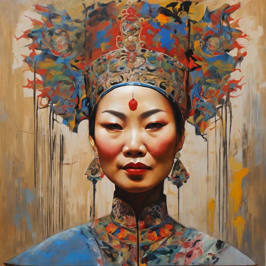 Best quality, Masterpiece, 超高分辨率, (photograph realistic:1.4), surrealism, Dream-like,fusionart,Chinese Sichuan opera face pattern is applied to clothing,Three women,full bodyesbian,Shadowdancer, shadow magic, darkness control, stealth, shadowstep, umbral spells, hidden blade,