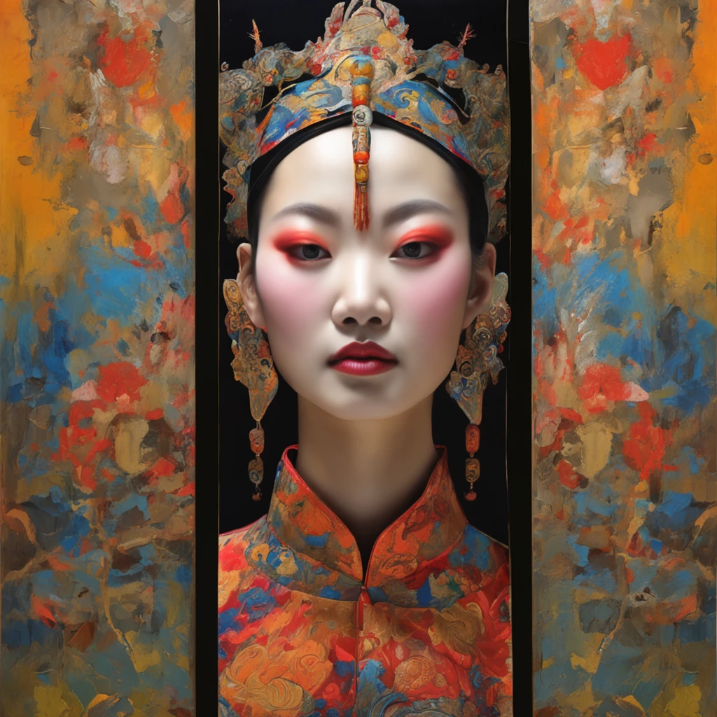 Best quality, Masterpiece, 超高分辨率, (photograph realistic:1.4), surrealism, Dream-like,fusionart,Chinese Sichuan opera face pattern is applied to clothing,Three women,full bodyesbian,Shadowdancer, shadow magic, darkness control, stealth, shadowstep, umbral spells, hidden blade,