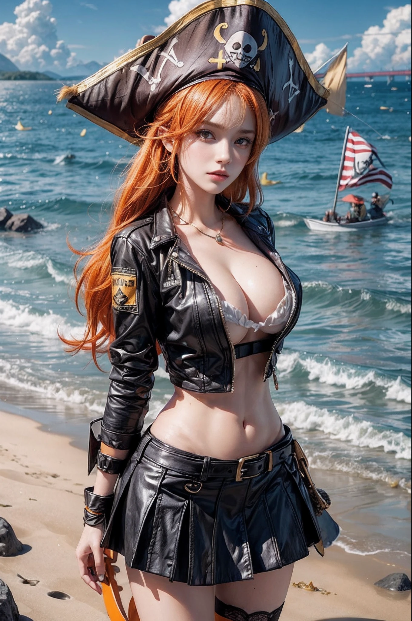 Big boobs, orange hair,wearing Pirates hat,yellow ayes,Hyper realistic, Ultra detail