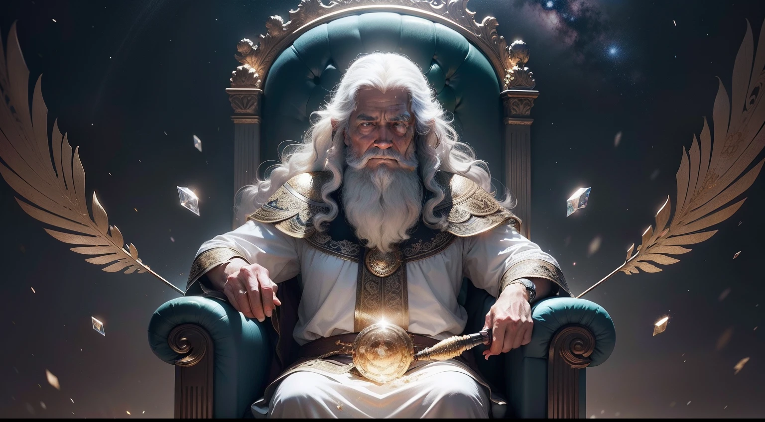 super high res, melhor qualidade, foto, 16k, (fotorrealista: 1.2), cinematic lighthing, An old man in the form of a mythical god. Retrate o deus segurando , envolto por uma aura radiante. Seat them on a magnificent throne within a cosmic backdrop, em mantos brancos brilhantes e flutuantes no trono de cristal, flutuando sobre nuvens de cristal, cercado pelos esplendores do universo. Pay meticulous attention to stunning details and achieve a resolution of 64K for an immersive and realistic visual experience. Let your work capture the essence of myth and wonder, deixando os espectadores maravilhados com sua beleza e poder, olhos de fogo