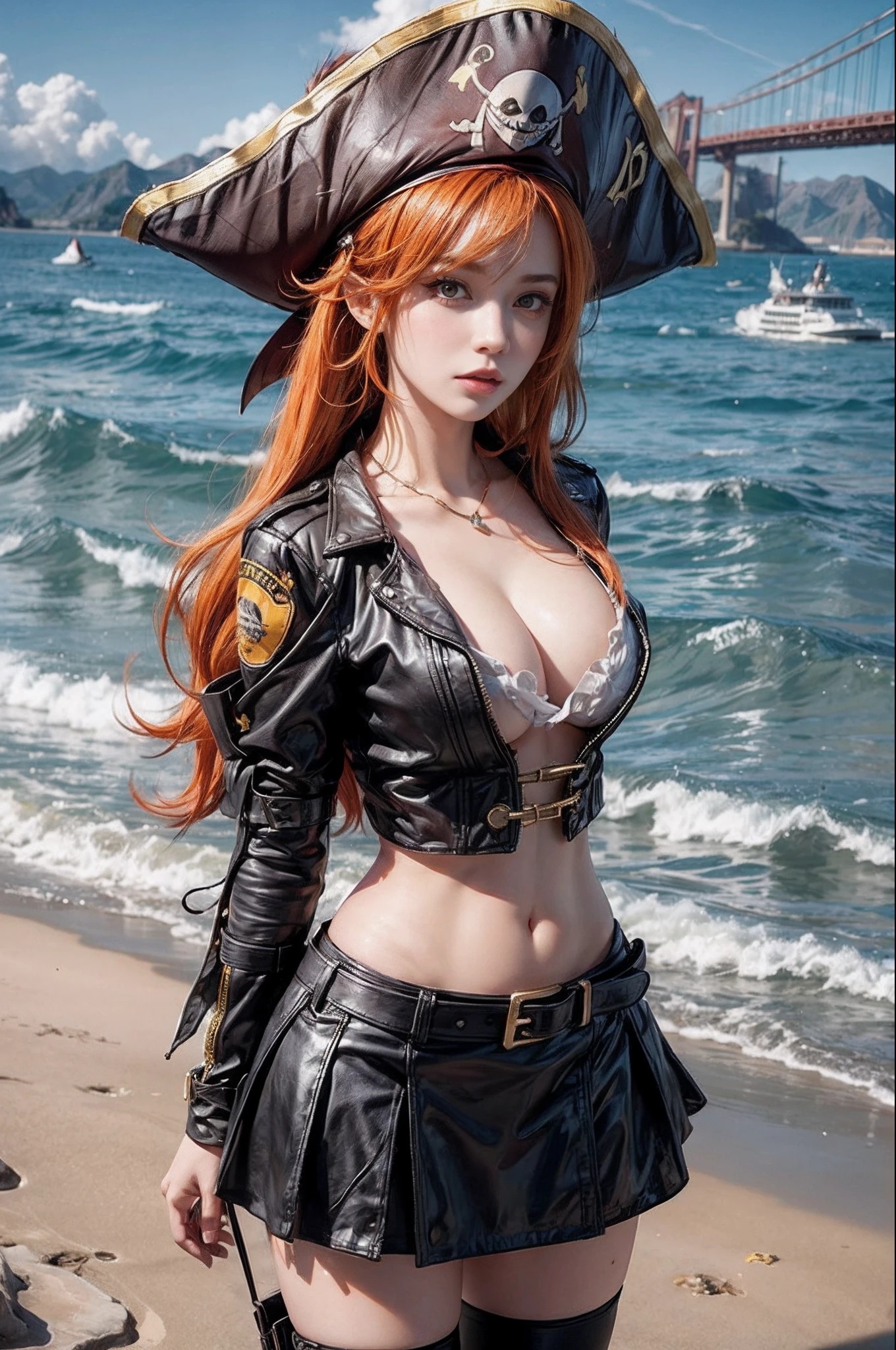 Big boobs, orange hair,wearing Pirates hat,yellow ayes,Hyper realistic, Ultra detail