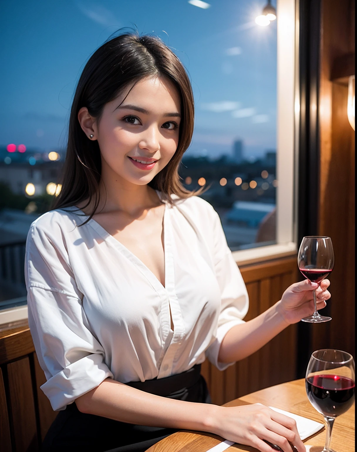 (64K, UHD, top quality, masterpiece: 1.2), (realistic, photorealistic: 1.37), super detailed, pretty woman 1 person, (slim face), (slim body), (brown hair), (short cut), cheeks slightly blushing, (44 years old), 38 years old, solo, beautiful detailed urban night view outside the window, restaurant, wine glasses sit, at night, in a prominent placeNovaFrogStyle, Actress, Model, Waist Up, White Wine, Slim, Wine Glass, Super Clean Night View, Wine Glass Put in the Middle, Happy Smile, (Smile: 1.15), Beautiful Fine Eyes, Upper Body, Bust Japan Up, Night, Short, Short, Actress, Model, Waist Up, White Wine, Slim, Wine Glass, Super Clean Night View, Wine Glass Put in the Middle, Happy Smile,