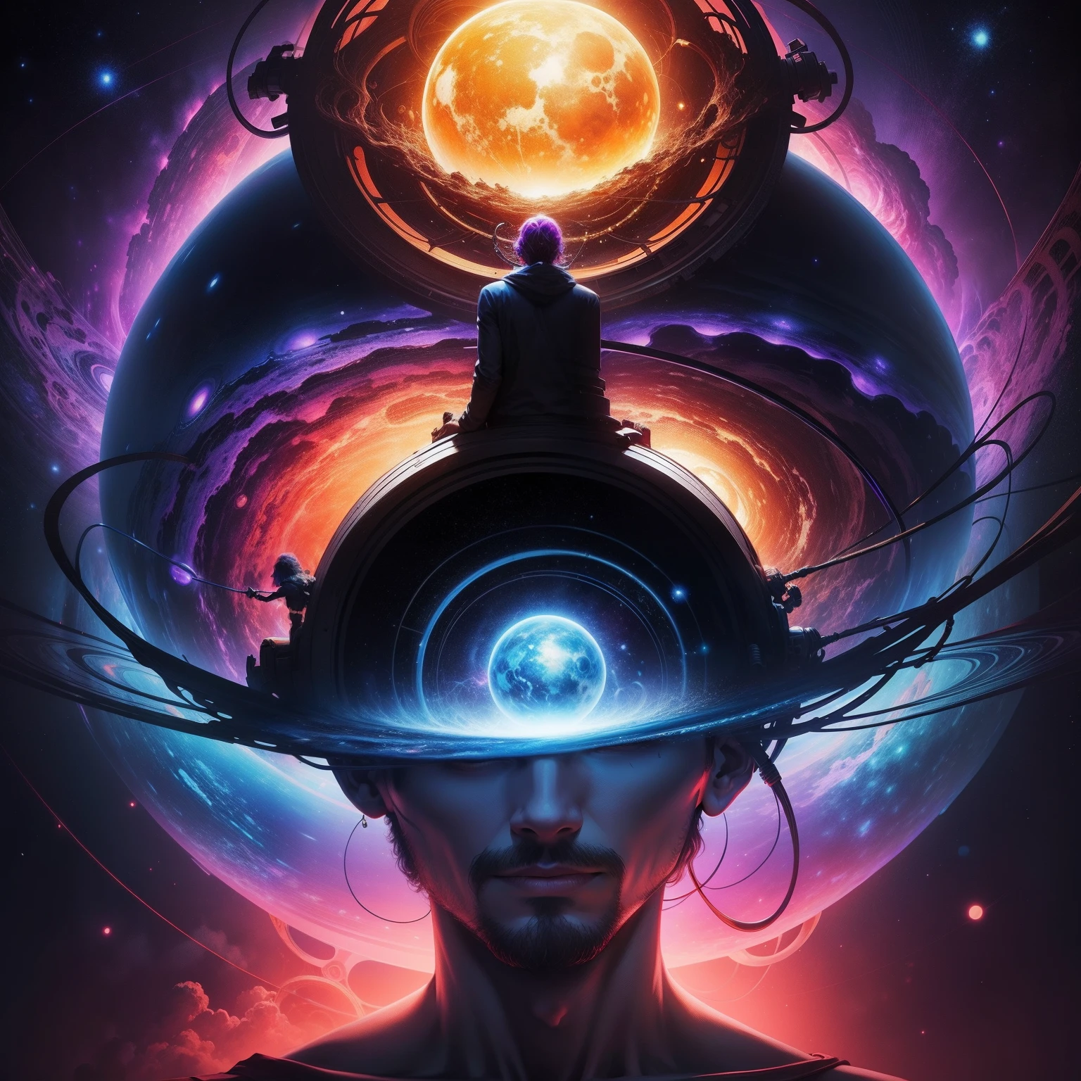 a man with planet head, connecting with network of deep structure of multi dimension universe, masterpiece, psychedelic coloring, abstract painting