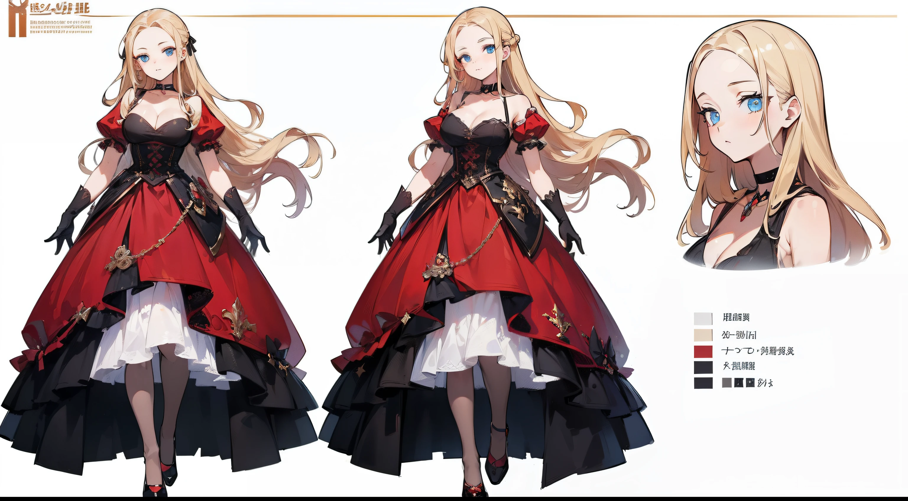((Masterpiece, highest quality)), detailed face, character sheet, Full body, full of details, multiple poses and expressions, highly detailed, depth, many parts, 1girl, girl in a red dress, long eave hair, forehead, Light blonde hair, gloves, stockings, black choker, blue eyes, pupils, big breasts,